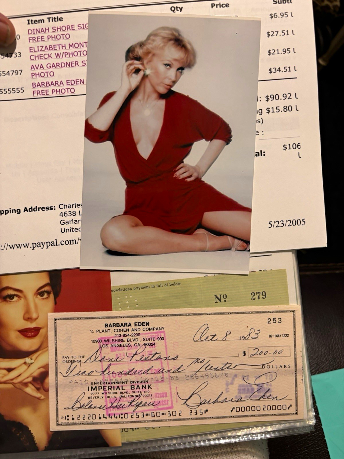 Barbara Eden Signed Original Personal Check (Imperial Bank) with Photo