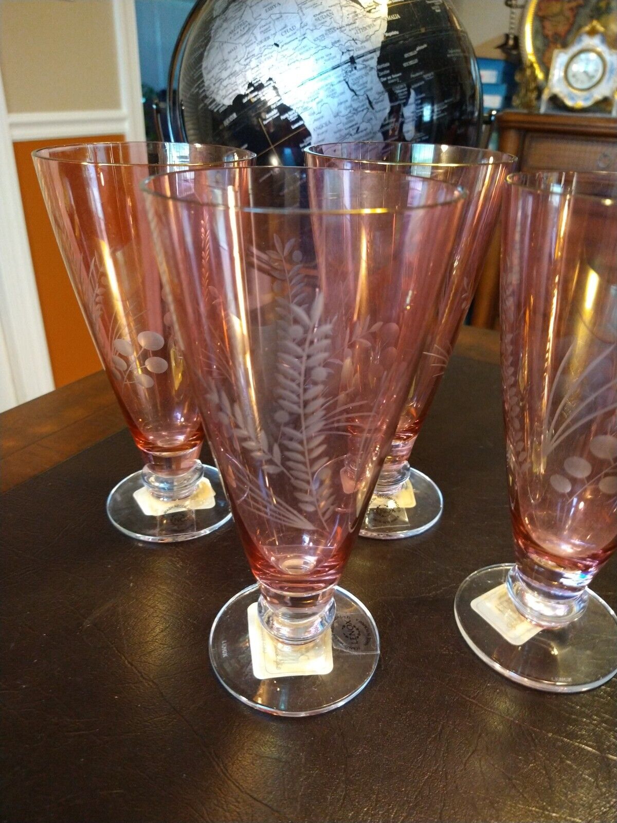 Lenox Pink Cranberry Etched Iced tea Glasses Set 4 New with Tags