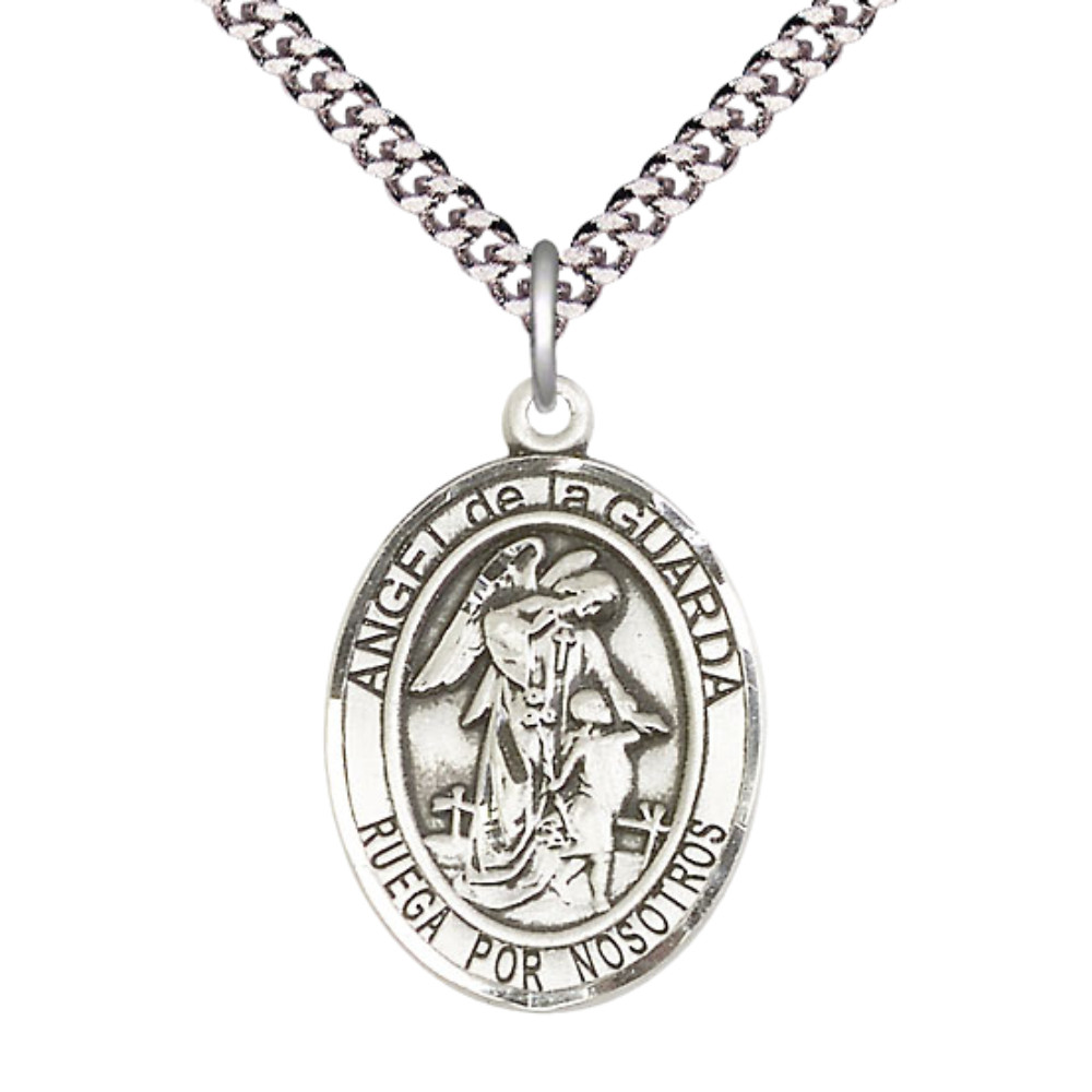 Pewter Angel de la Guarda Religious Medal Pendant Necklace 24\