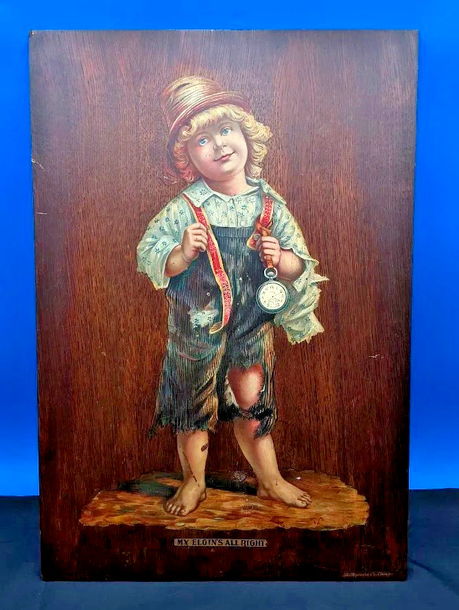 Antique 1900 Elgin Pocket Watch Wood Advertising Sign My Elgins All Right Rare
