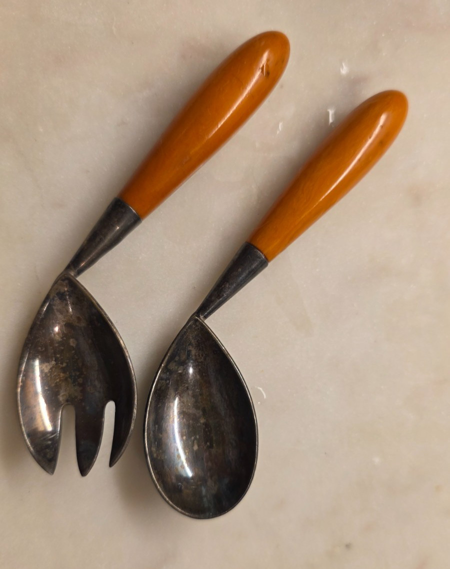 Vintage Napier Butterscotch Bakelite Handle Child\'s Baby Spoon and Fork
