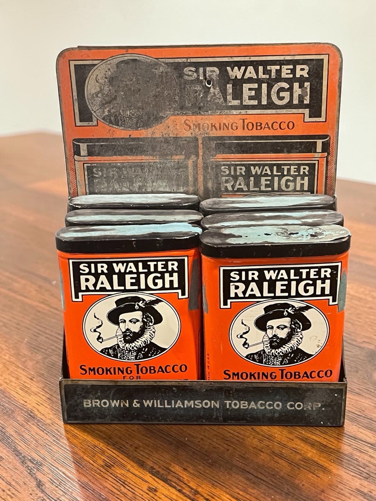 Vintage Sir Walter Raleigh Tobacco Display Rack & 6 Pocket Tins Brown Williamson