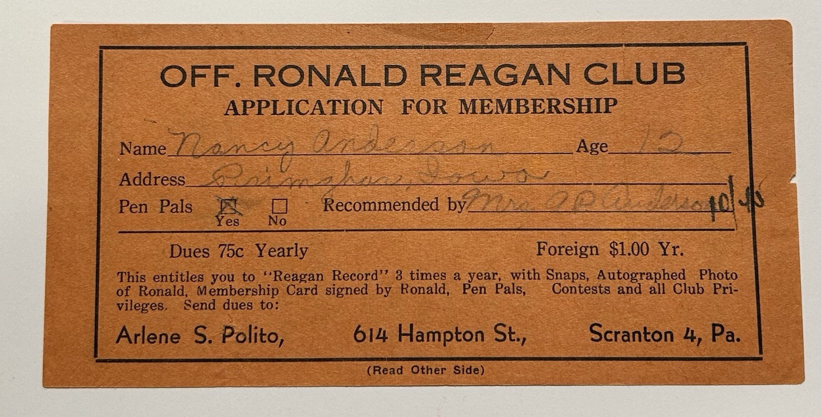 Vintage 1945 Official Ronald Reagan Fan Club Membership Application Card Rare 