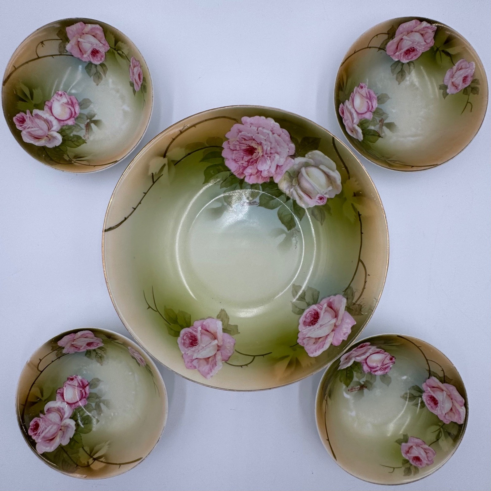 PSAG Bavaria Berry Bowl Set 5pc Roses Hand Painted Porcelain Signed Victorian