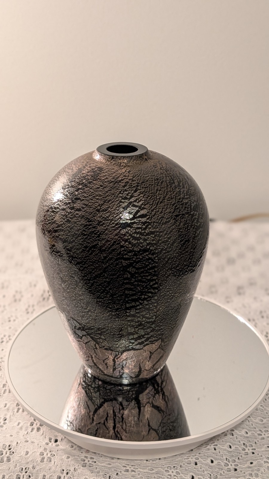 Vintage Mikasa Larry Laslo Jet Black Art Glass Vase Crackle Silver Foil Japan