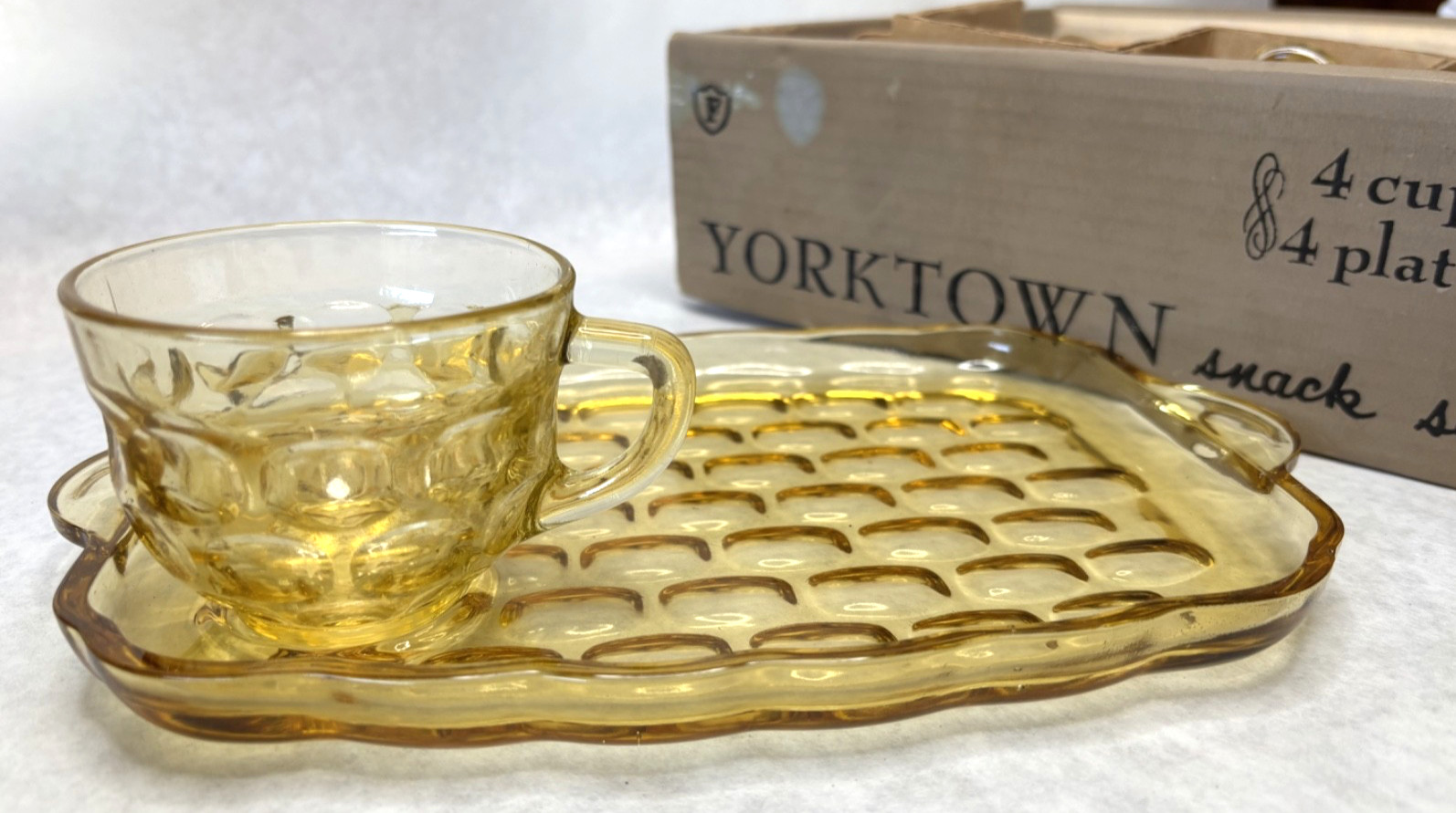 Vintage Federal Yorktown Yellow Glass Snack Set for 4 – Plates & Cups w/ Box