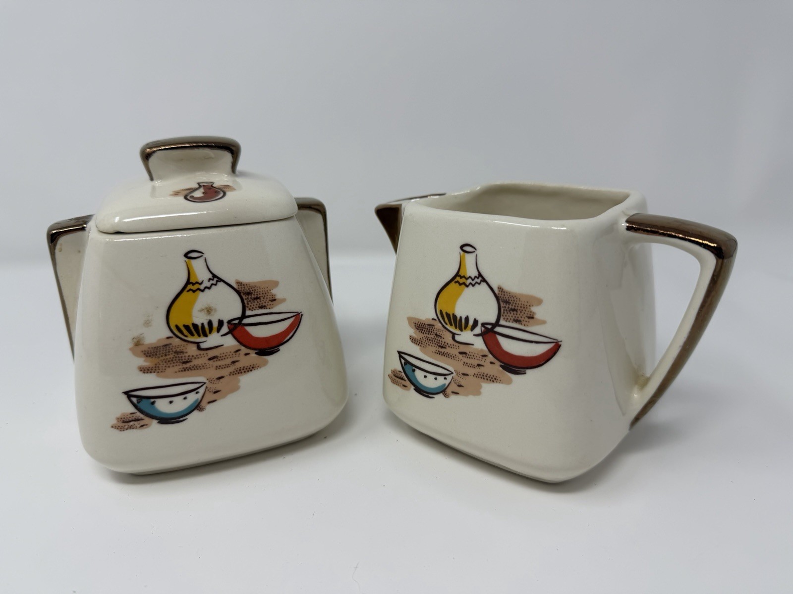 Vintage Stanford Sebring Pottery Creamer & Sugar Pot w/ Lid MCM Mid Century Mod