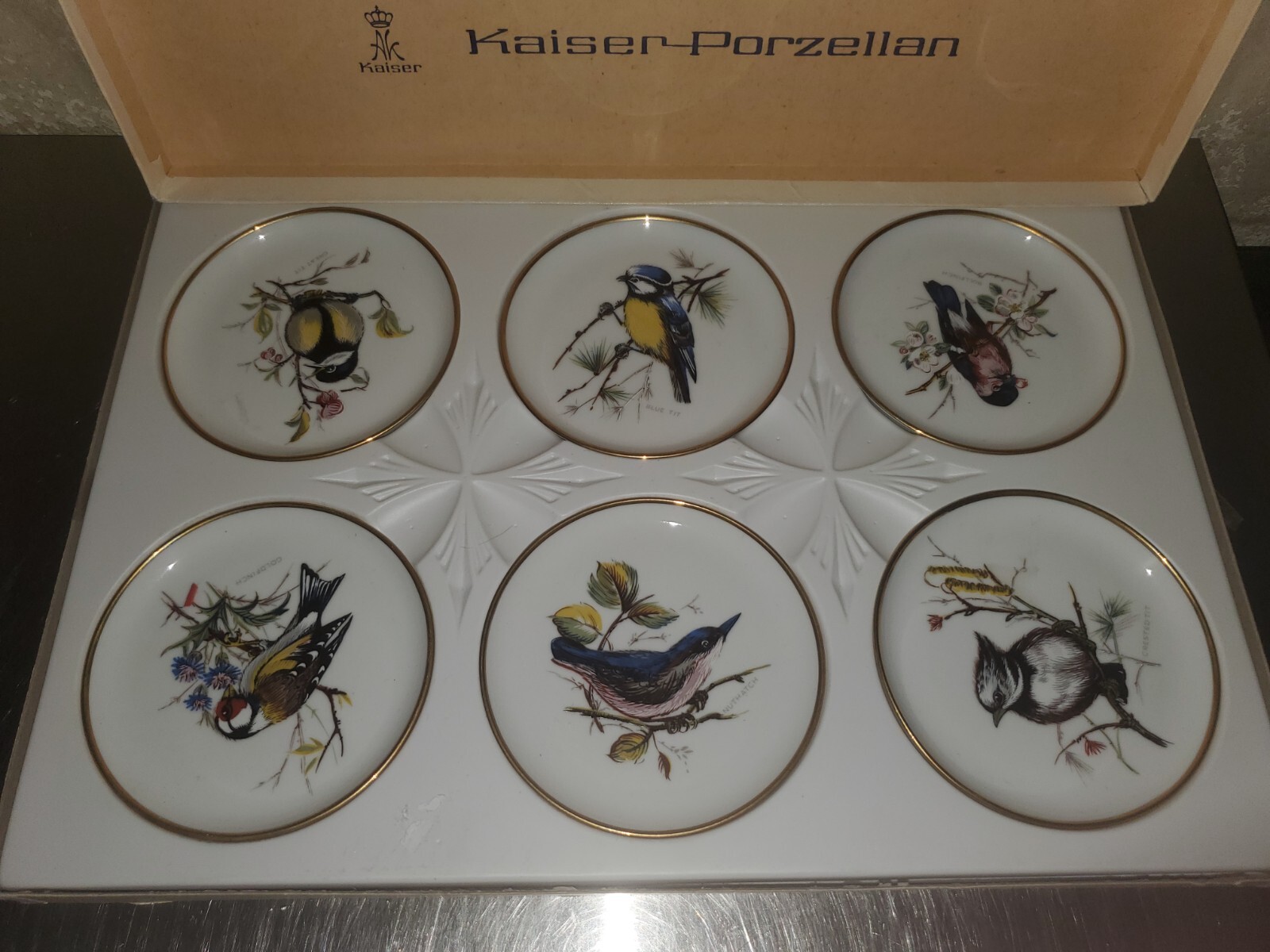 SIX Vintage Kaiser Porzellan West Germany Porcelain Bird Mini Plates / Coasters 
