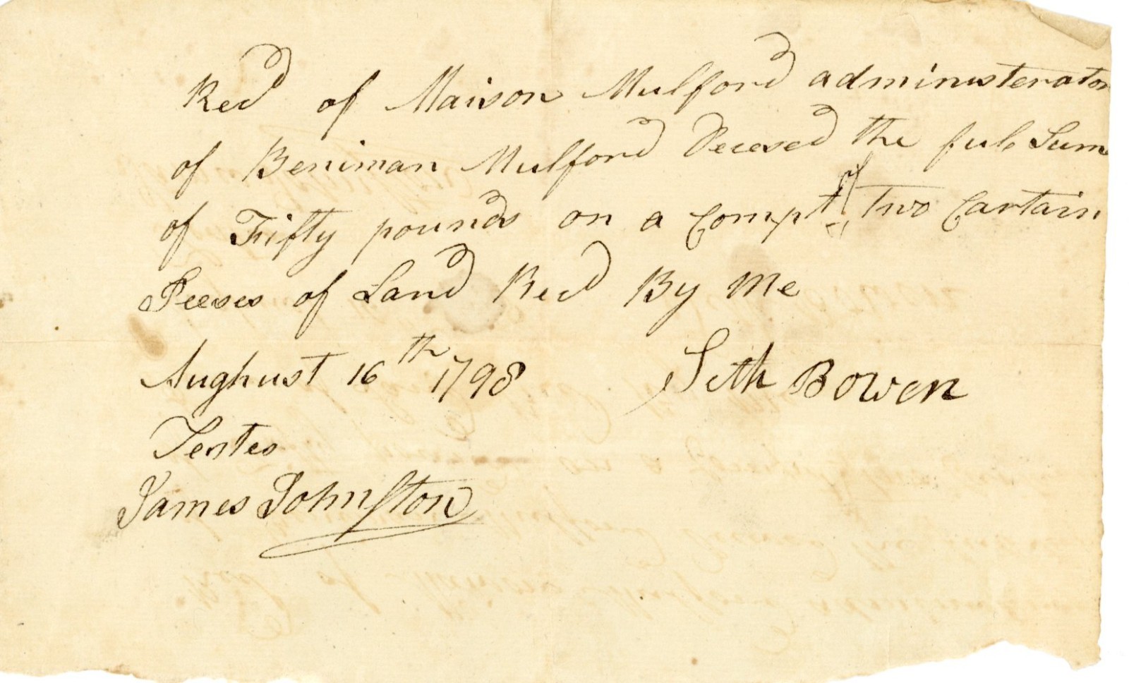1798 Handwritten Estate Mulford Signed James Johnson Seth Bower Cumberland NJ