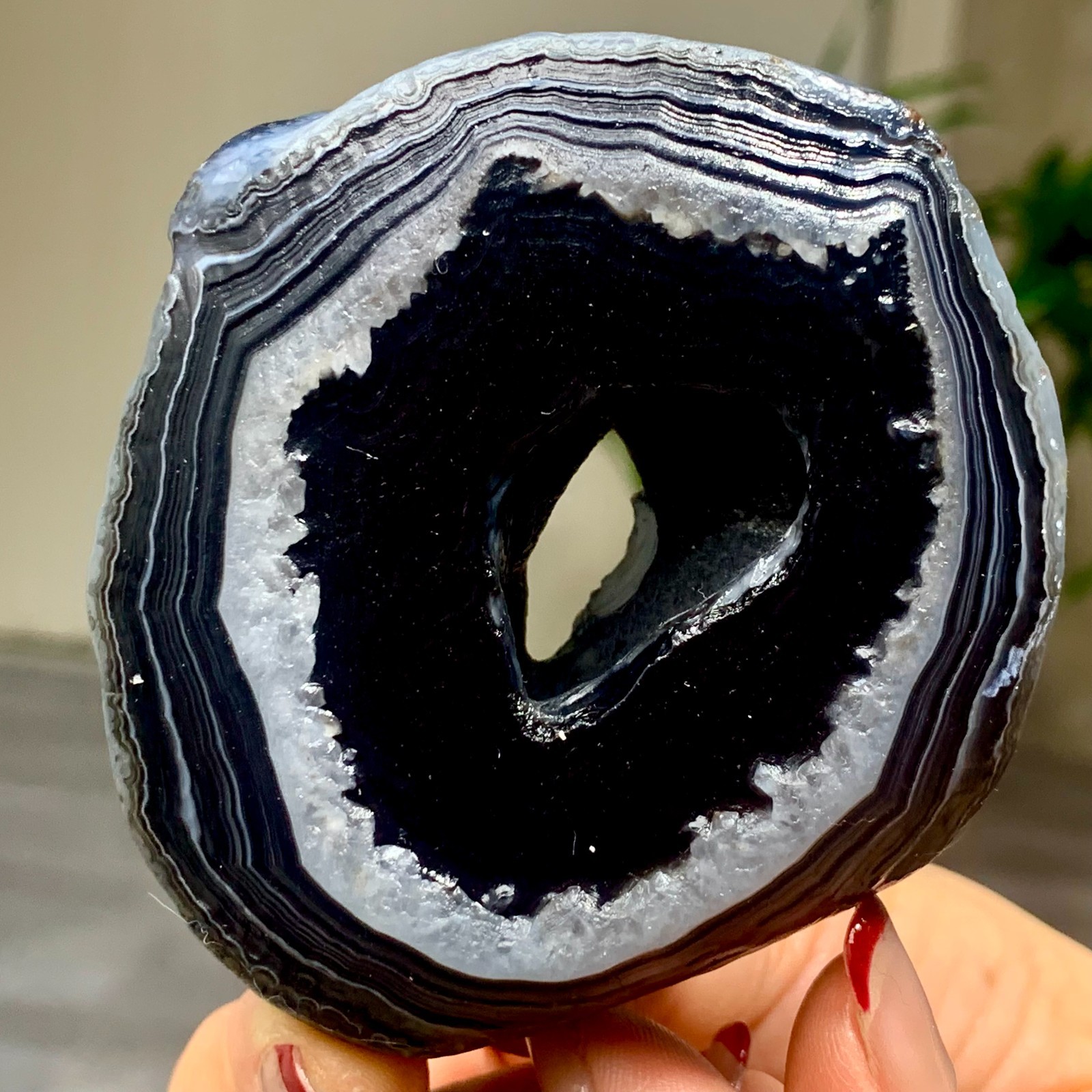 206G Natural Beautiful black Agate Geode Druzy Slice Extra Large Gemstone D15