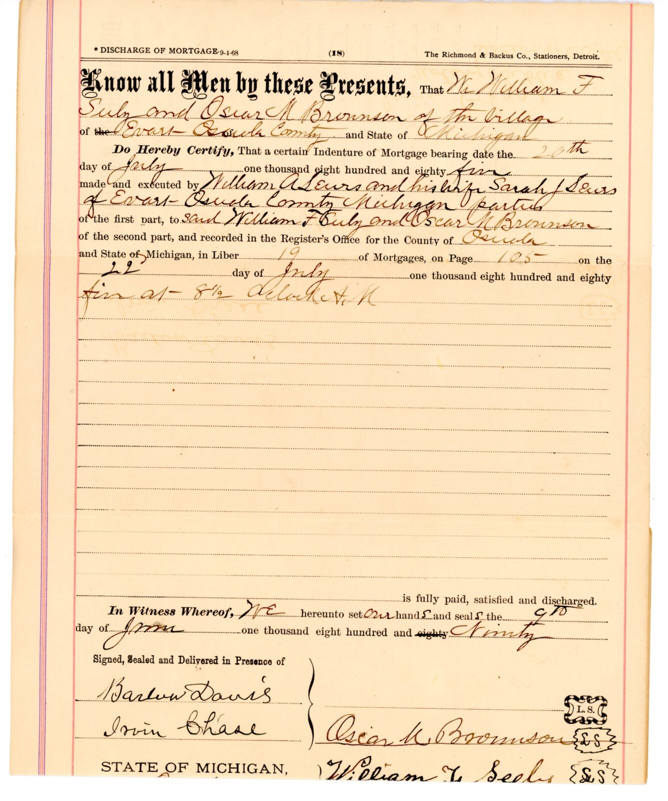 1887 Signed Deed Osceola Co MI William F Seely Barlow Davis Irvin Chase I Chase
