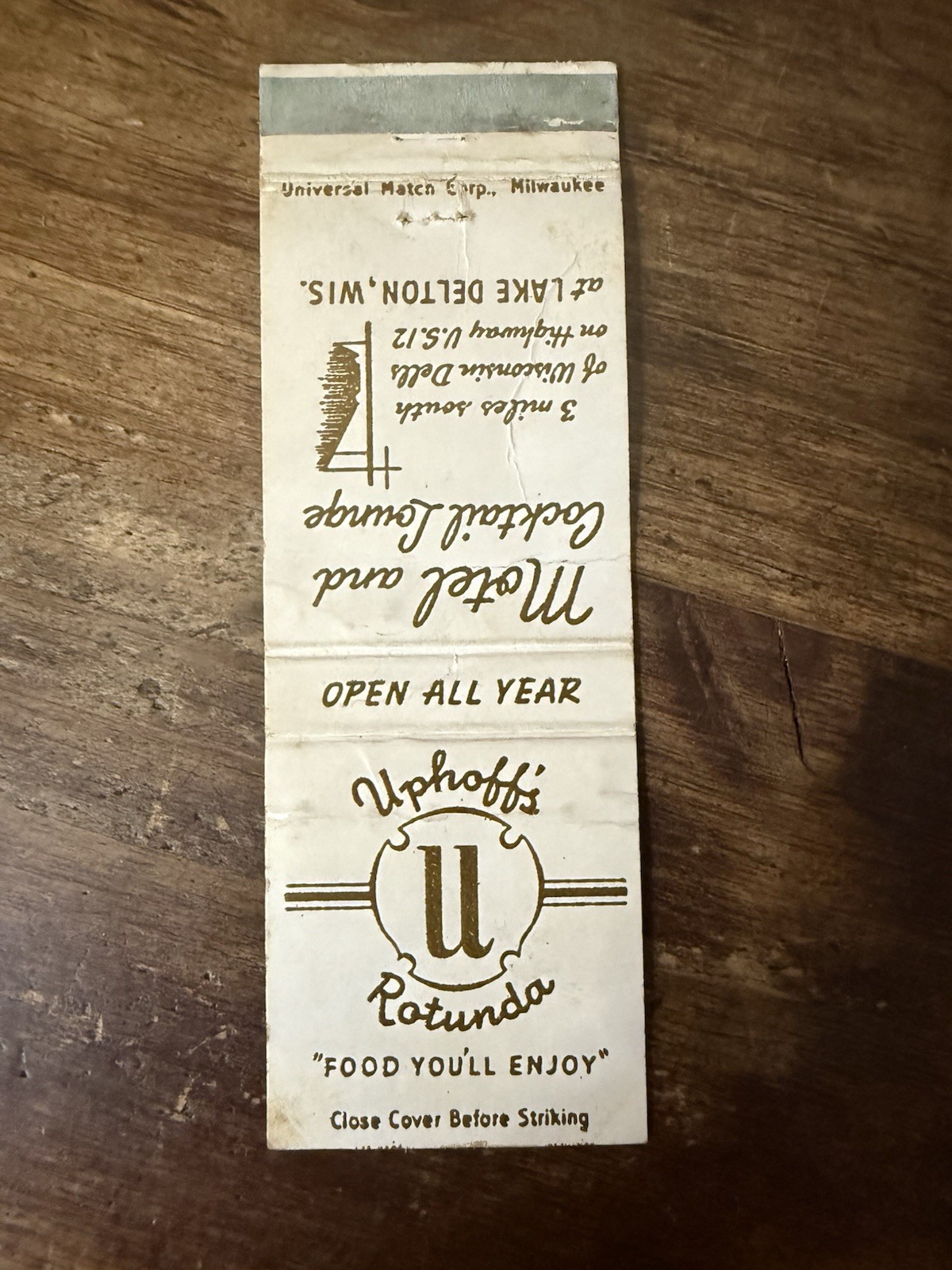 D113 Vintage Matchbook Cover Uphoff’s Rotunda Motel Lounge Wisconsin Dells