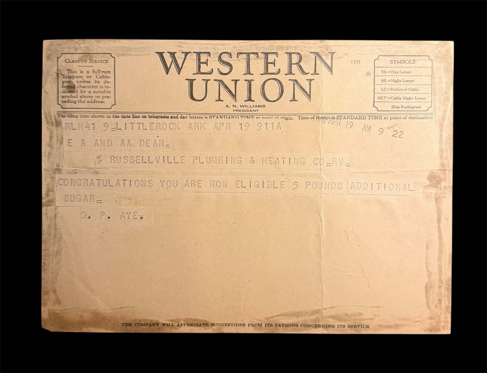 1946 Western Union Telegraph For 5 Pounds Additional Sugar Russellville Arkansas