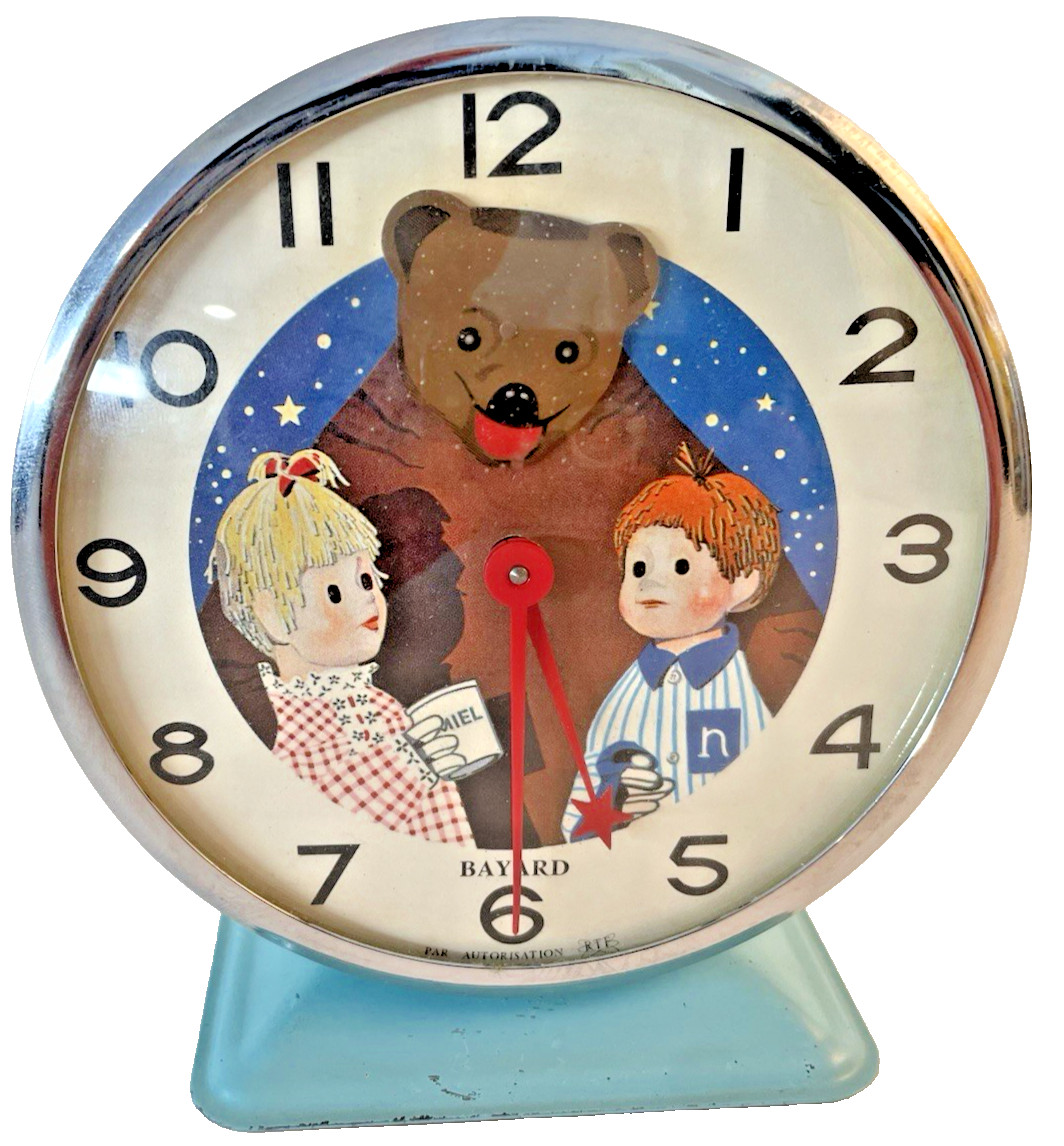 Vintage French BAYARD Alarm Motion Animated Bear Bonne Nuit Le Petite clock 1964