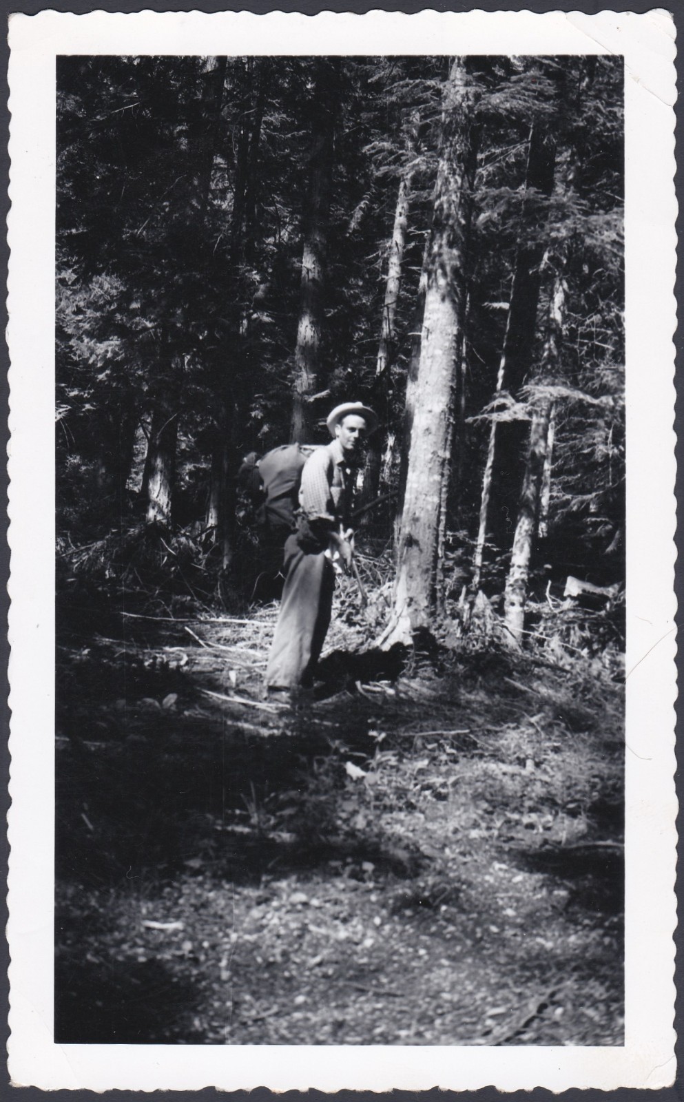 Backpacking Man in the Woods c.1940\'s Original Vintage Snapshot Found Photograph Backpacking Man in the Woods c.1940\'s Original Vintage Snapshot Found Photograph