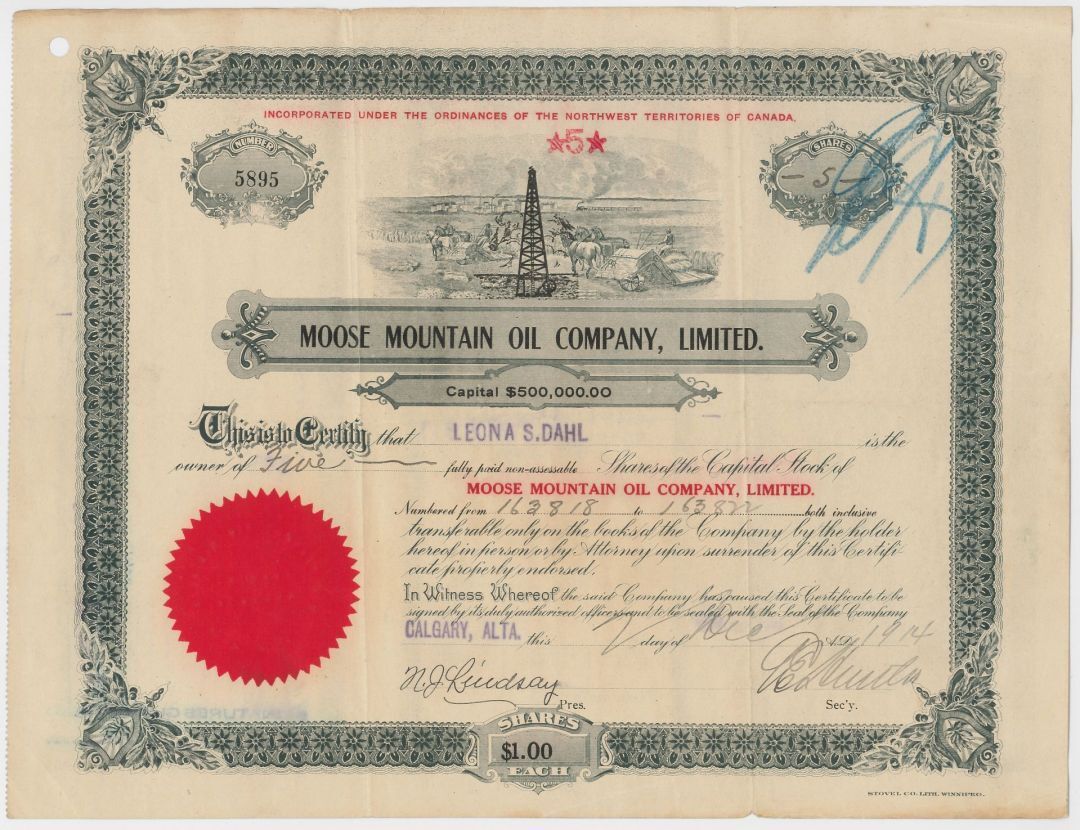 Moose Mountain Oil Co., Limited - 1914 dated Calgary, Alberta Canadian Oil Stock