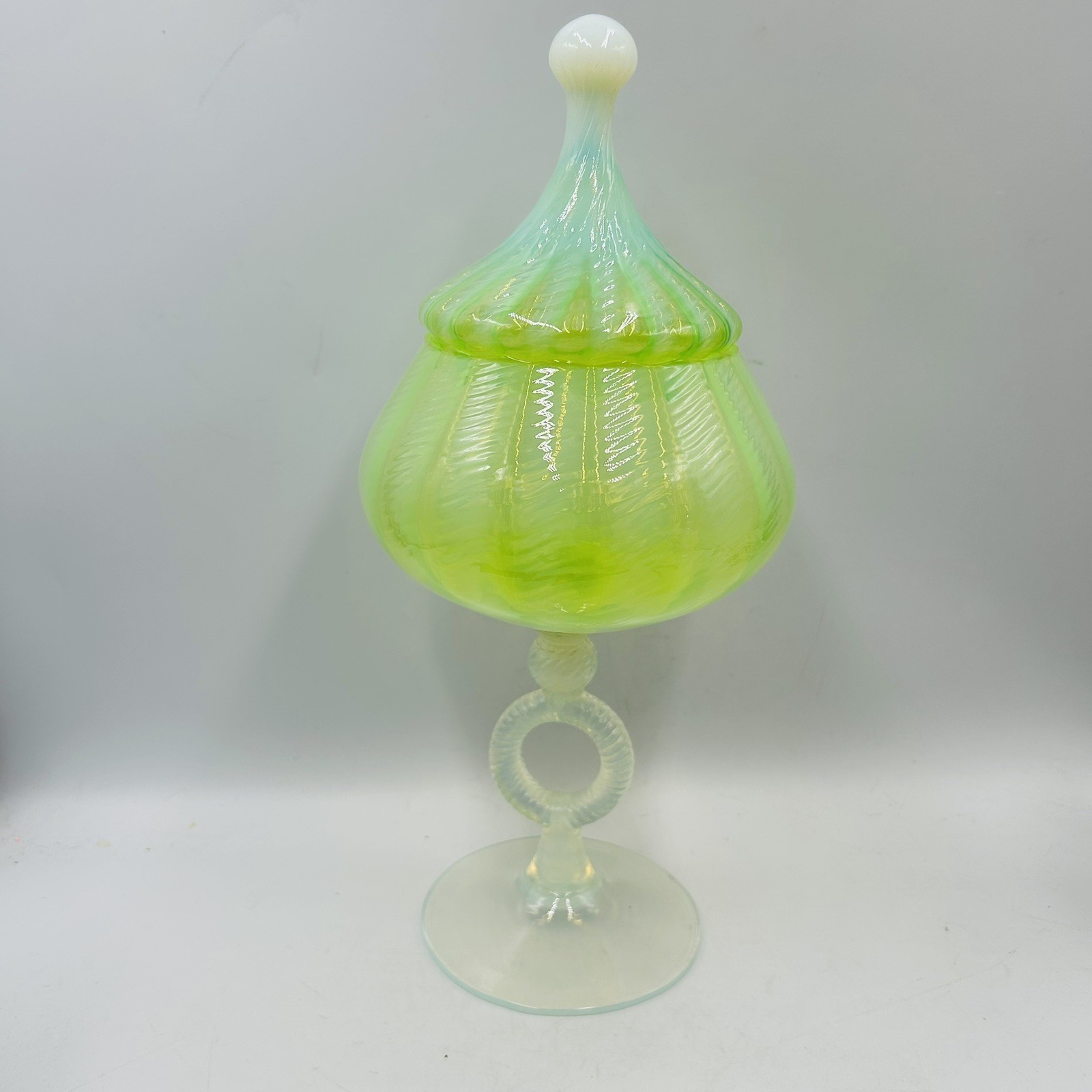 VTG Stelvia Lime Green Empoli Circus Tent Candy Apothecary Jar Open Ring Compote