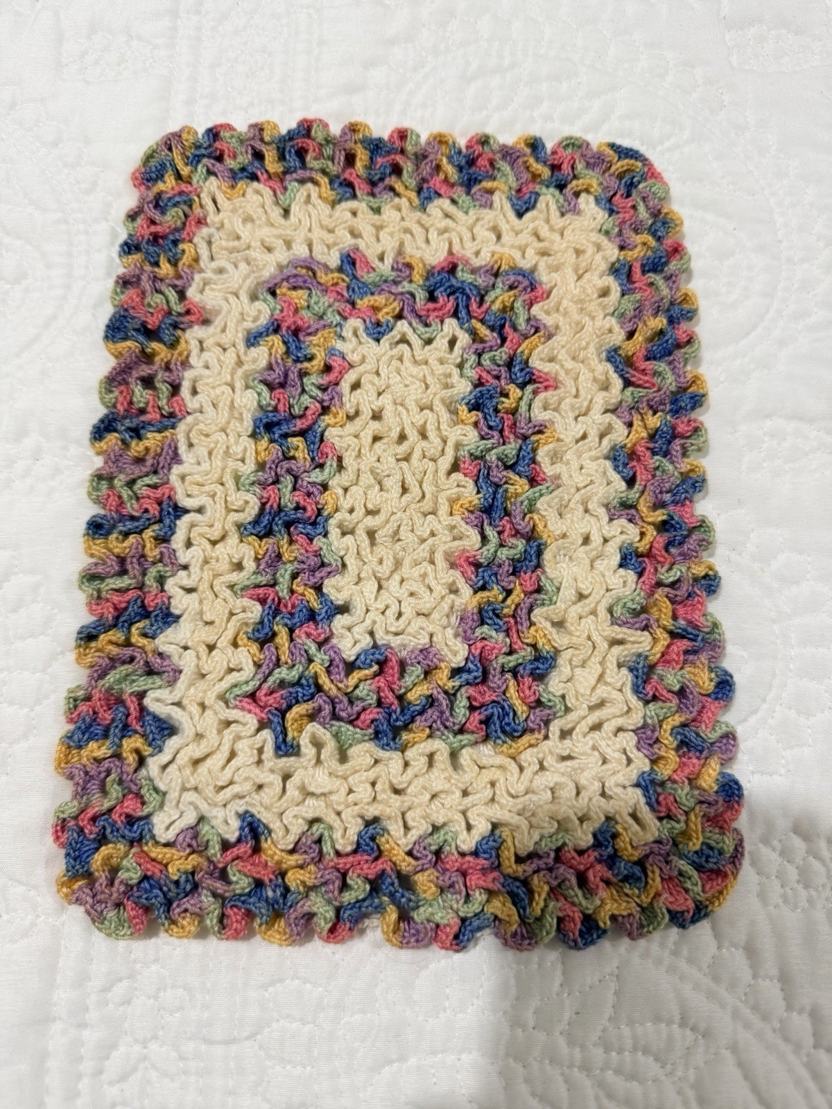 Vtg Handmade Wiggle Crochet Hot Pad Trivet Rainbow Wiggly Stitch Potholder MCM