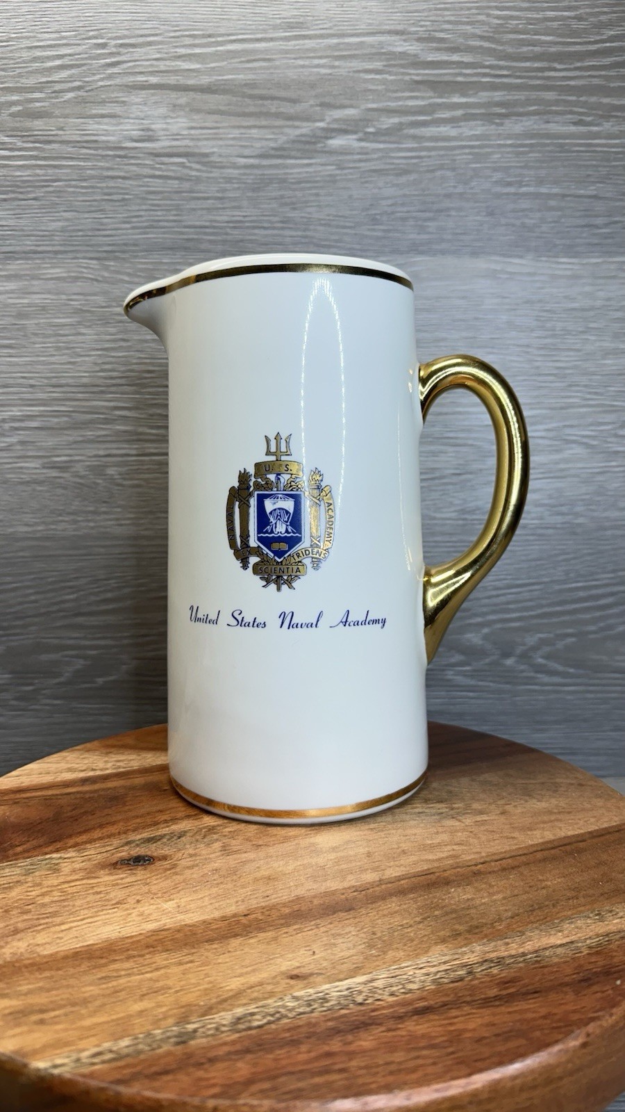 Vintage US Naval Academy Ceramic Pitcher Gold Trim American Decorators USNA 10”