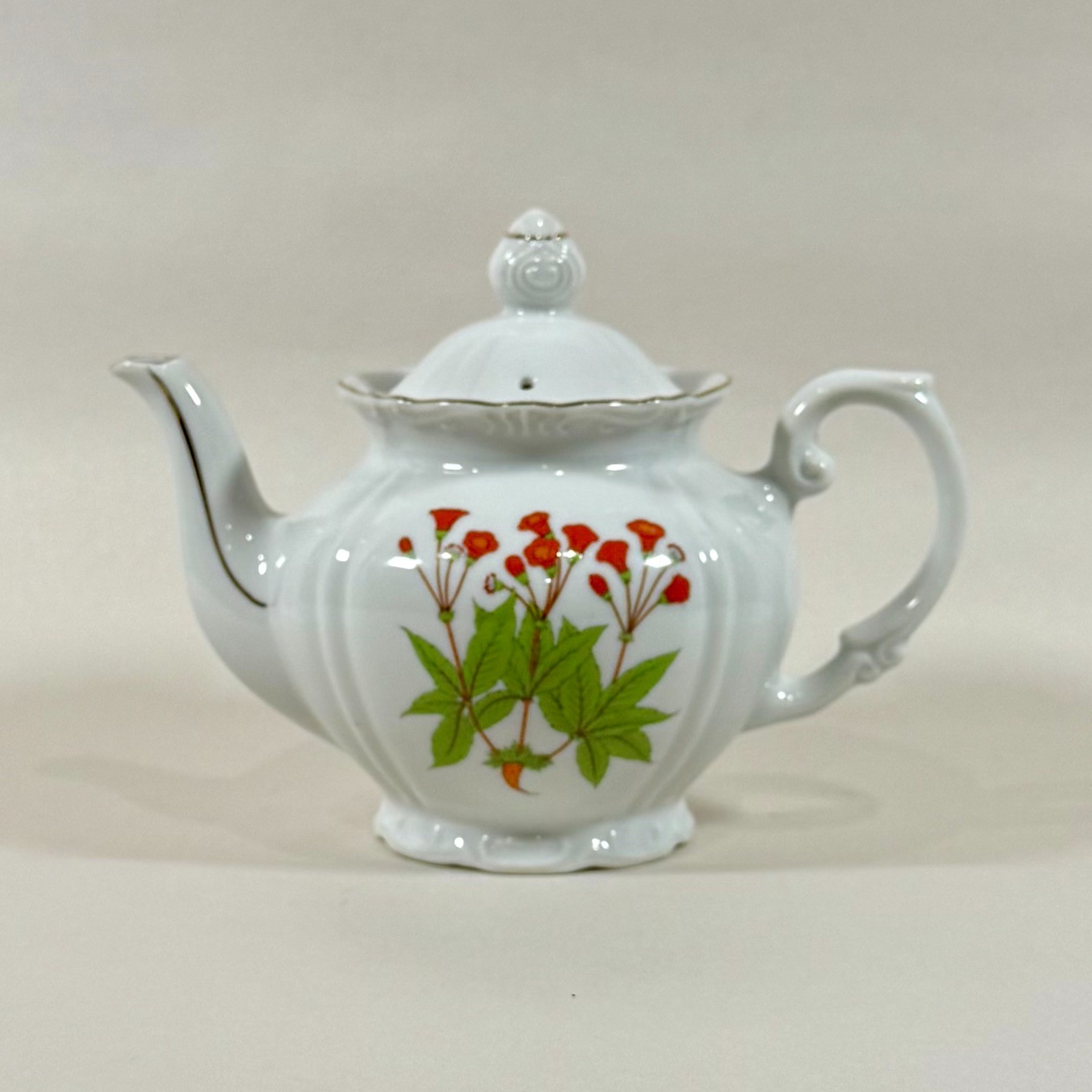 Vintage Floral Teapot Made in Japan Ceramic Red Orange Flowers Pre-Owned