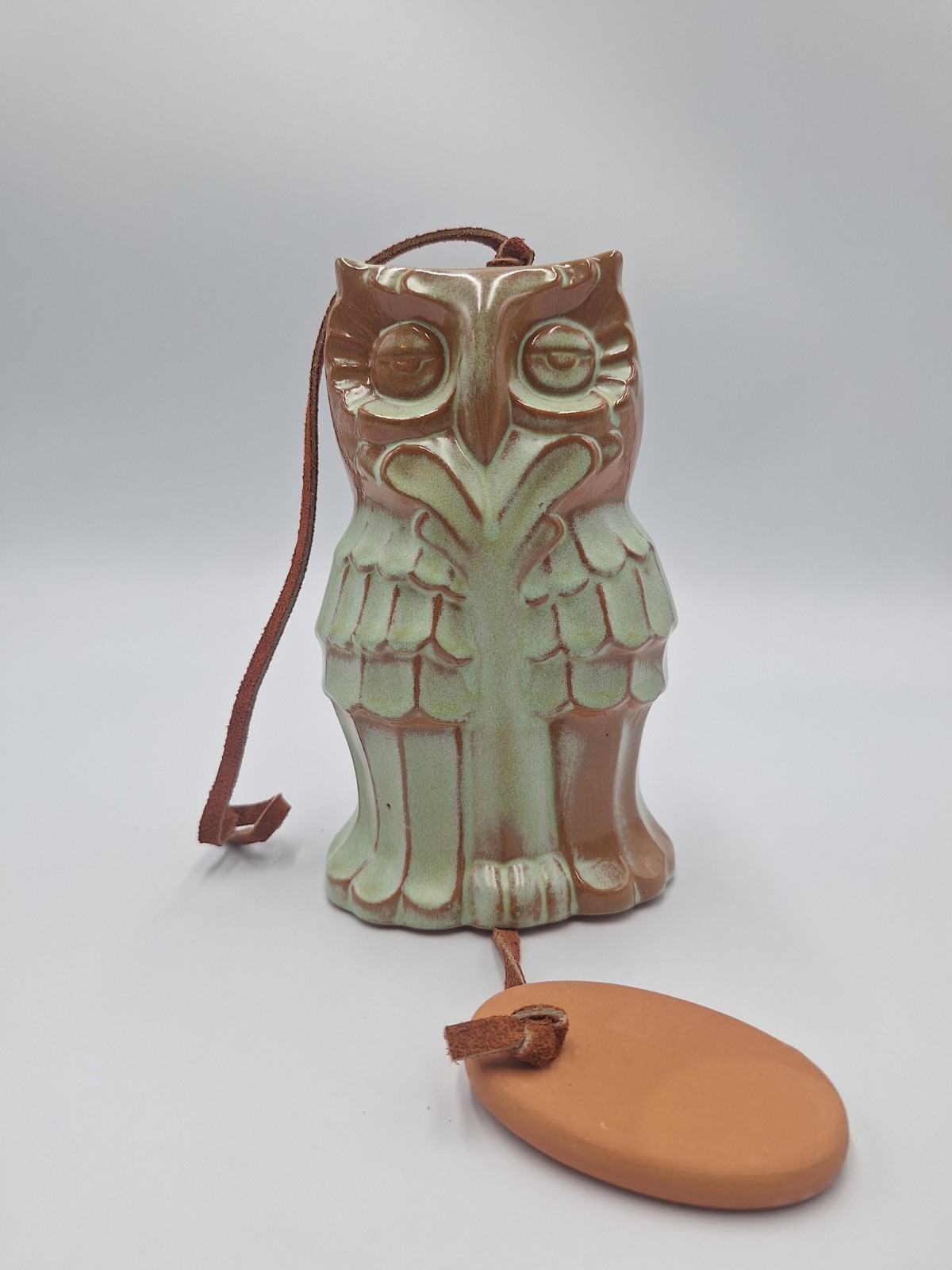 Vintage Frankoma Pottery 8 Inch Horned Owl Wind Bell Chime Prairie Green RARE