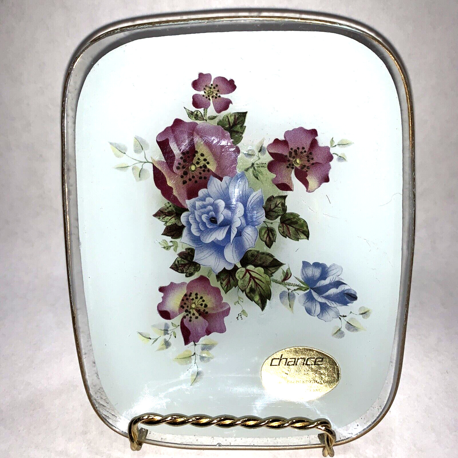 Chance Glass Floral Design Trinket Dish Frosted & Clear Glass Gold Trim