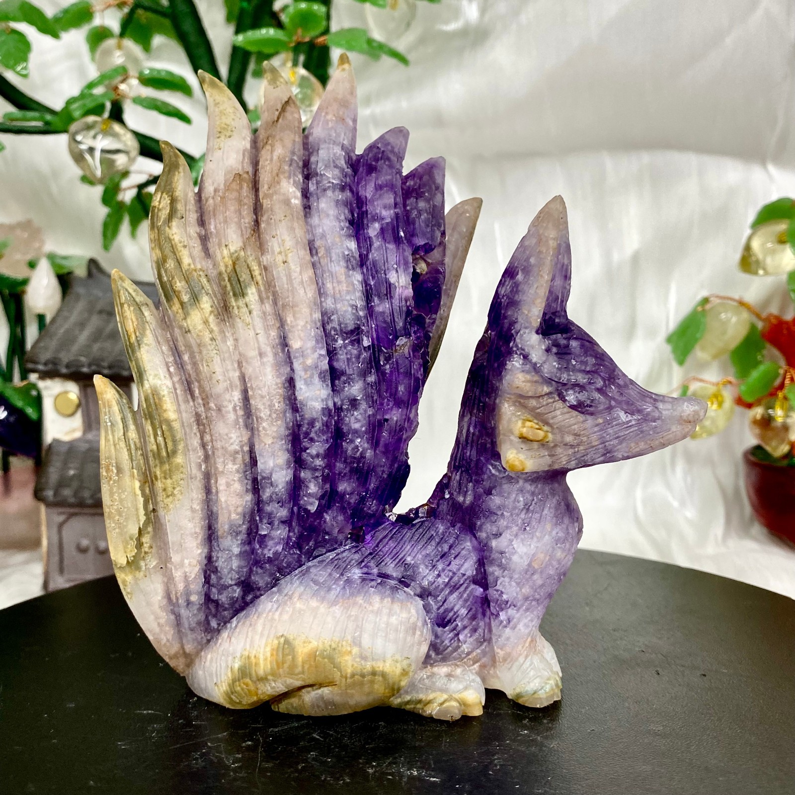1.4LB Natural Amethyst Geode Hand Carved Nine-tailed Fox Quartz Crystal Decor