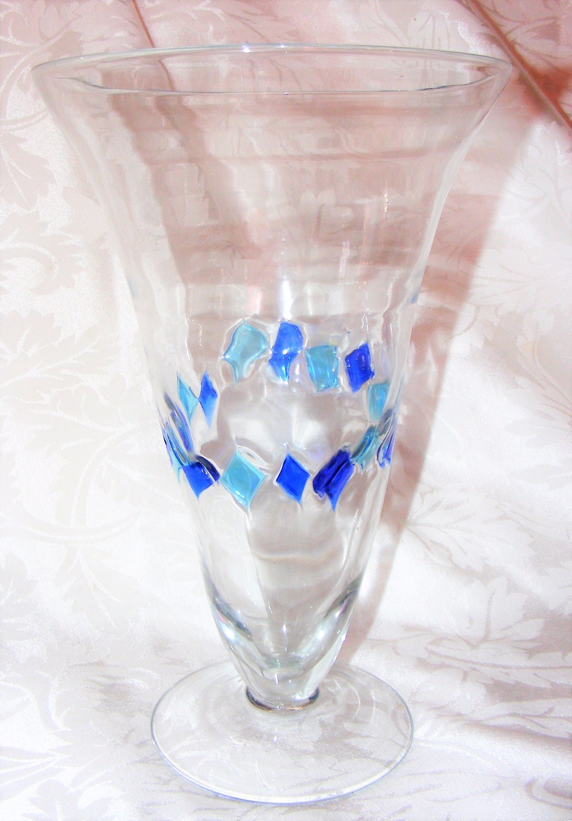 Pedestal Vase, Clear Glass Blue & Aqua Diamond band design, Flower Vase 11” tall