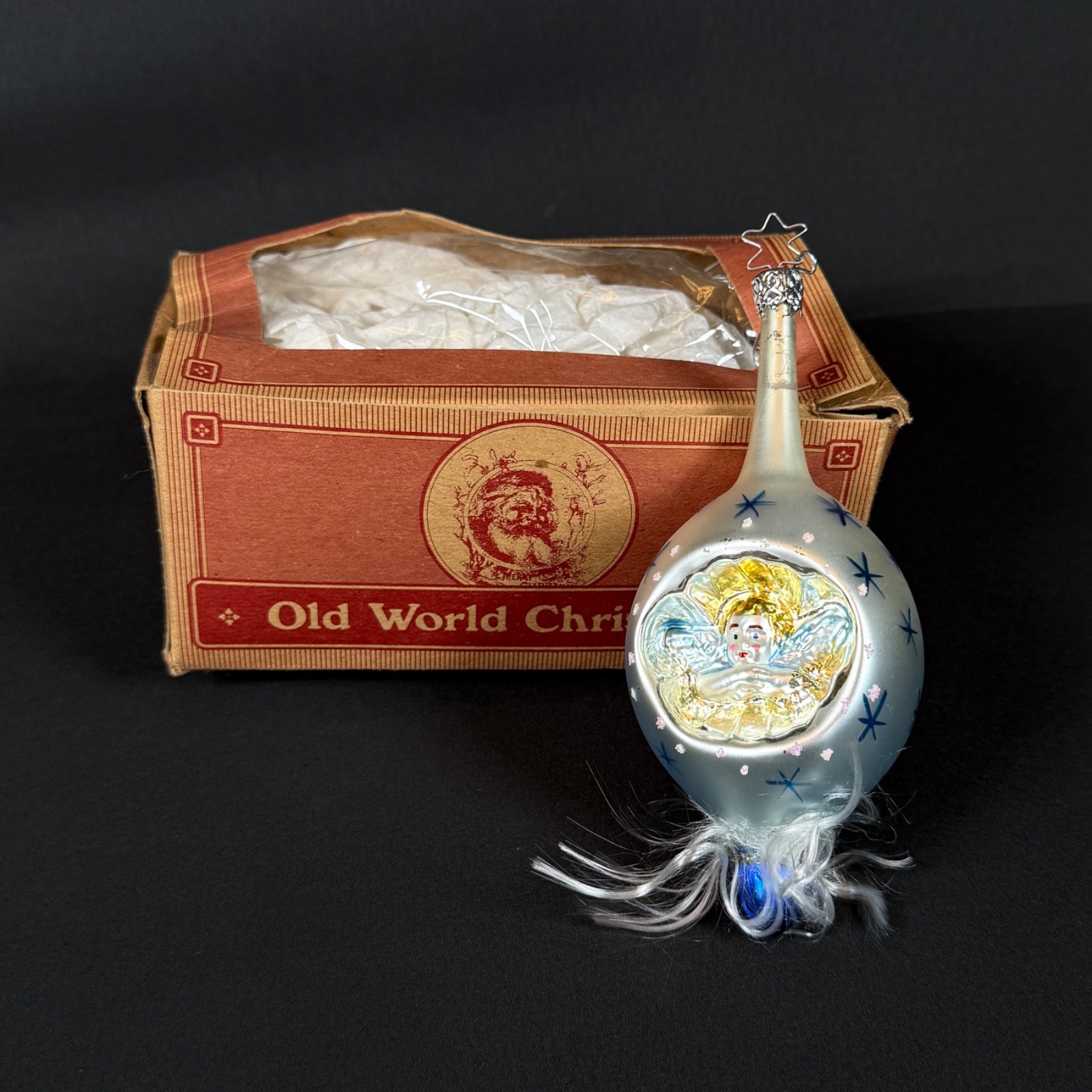 Old World Christmas Inge-Glas Glass Angel Teardrop Ornament Feather in Box