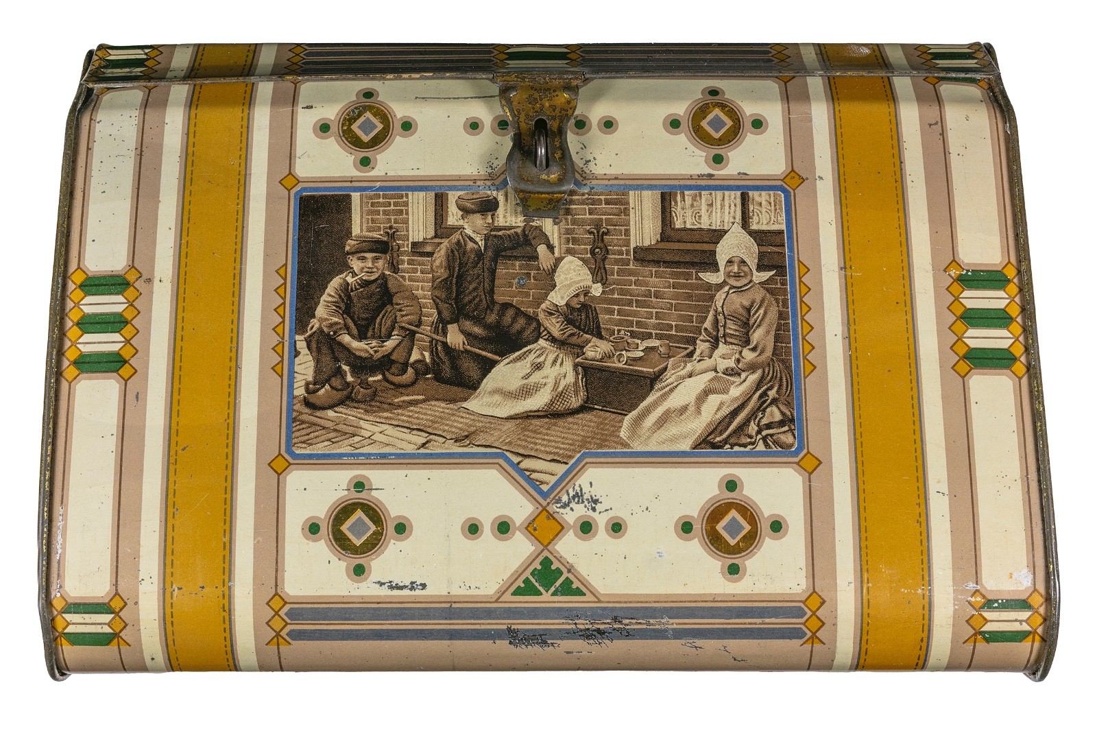 Scarce 1930s Dutch litho trapezoidal tin lunch pail in excellent condition Scarce 1930s Dutch litho trapezoidal tin lunch pail in excellent condition