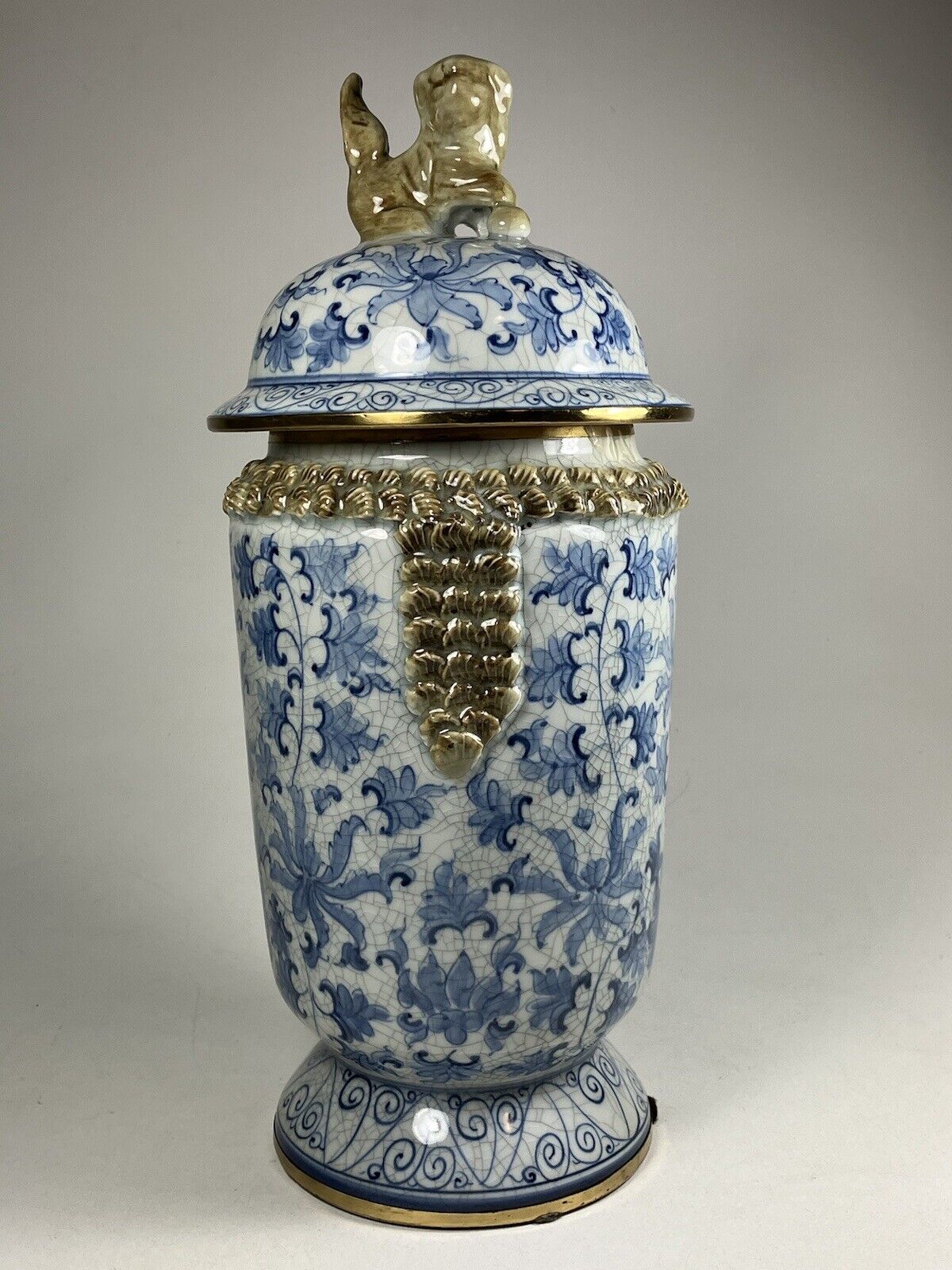 RARE Maitland Smith Vase Golden Foo Dog Lidded Blue & White