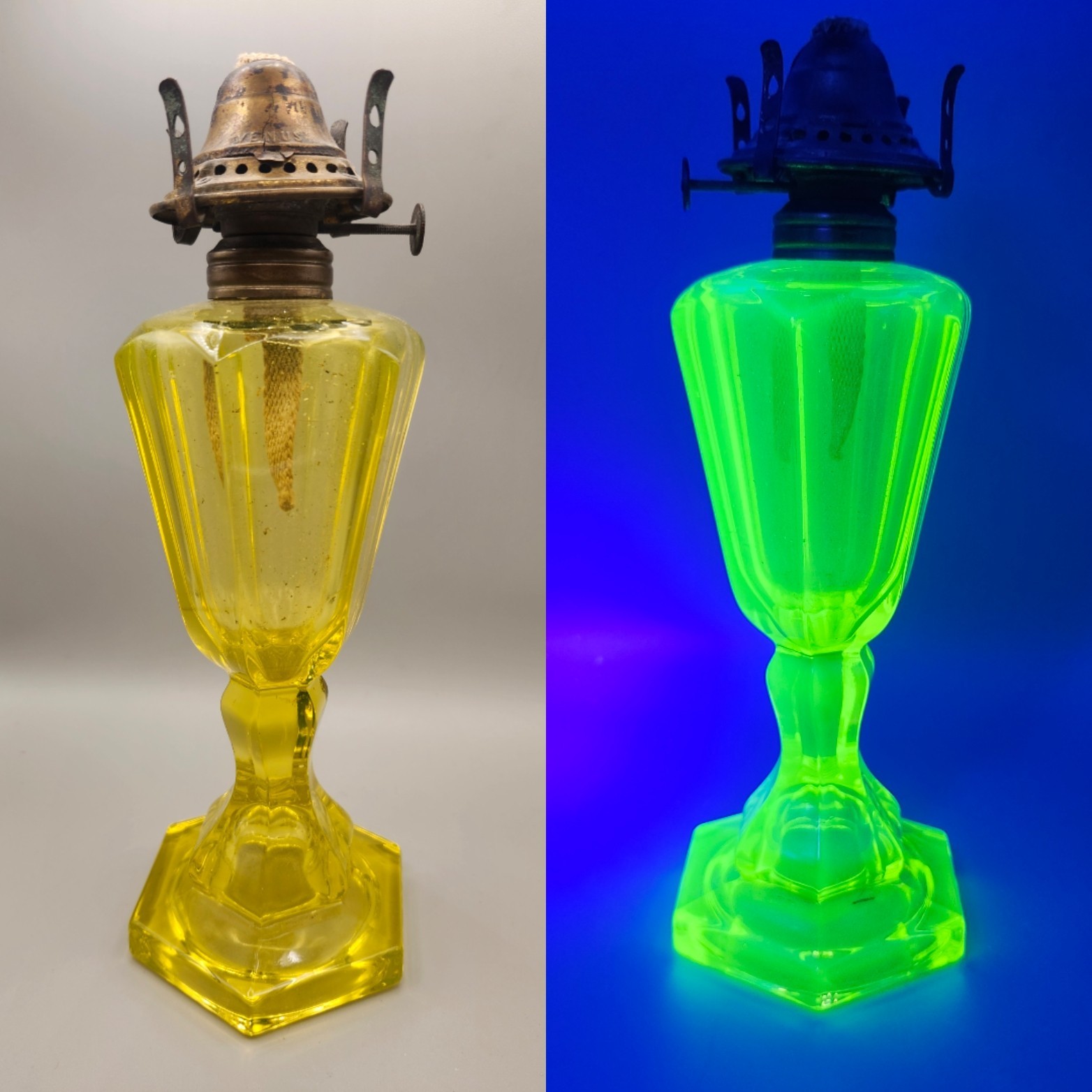 E Miller Vaseline Glass Whale Oil Table Lamp Base Venus Burner Hex Base GLOWS