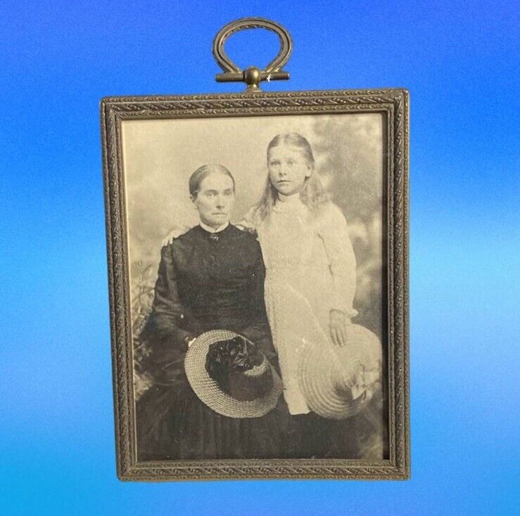 Antique Victorian Framed Photo Mother & Daughter Fancy Hats