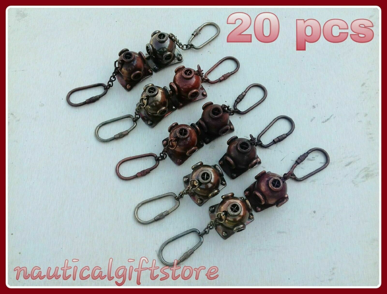 Lot Of 20 Pcs Nautical Antique Collectible Brass Diving Key Chain Divers Helmet 