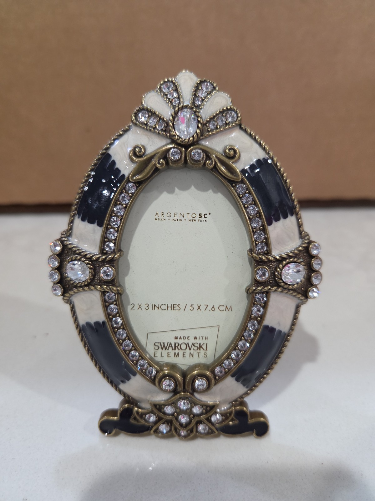 Argento SC Swarovski Elements Jeweled Enamel Oval Picture Frame Art Deco 2x3