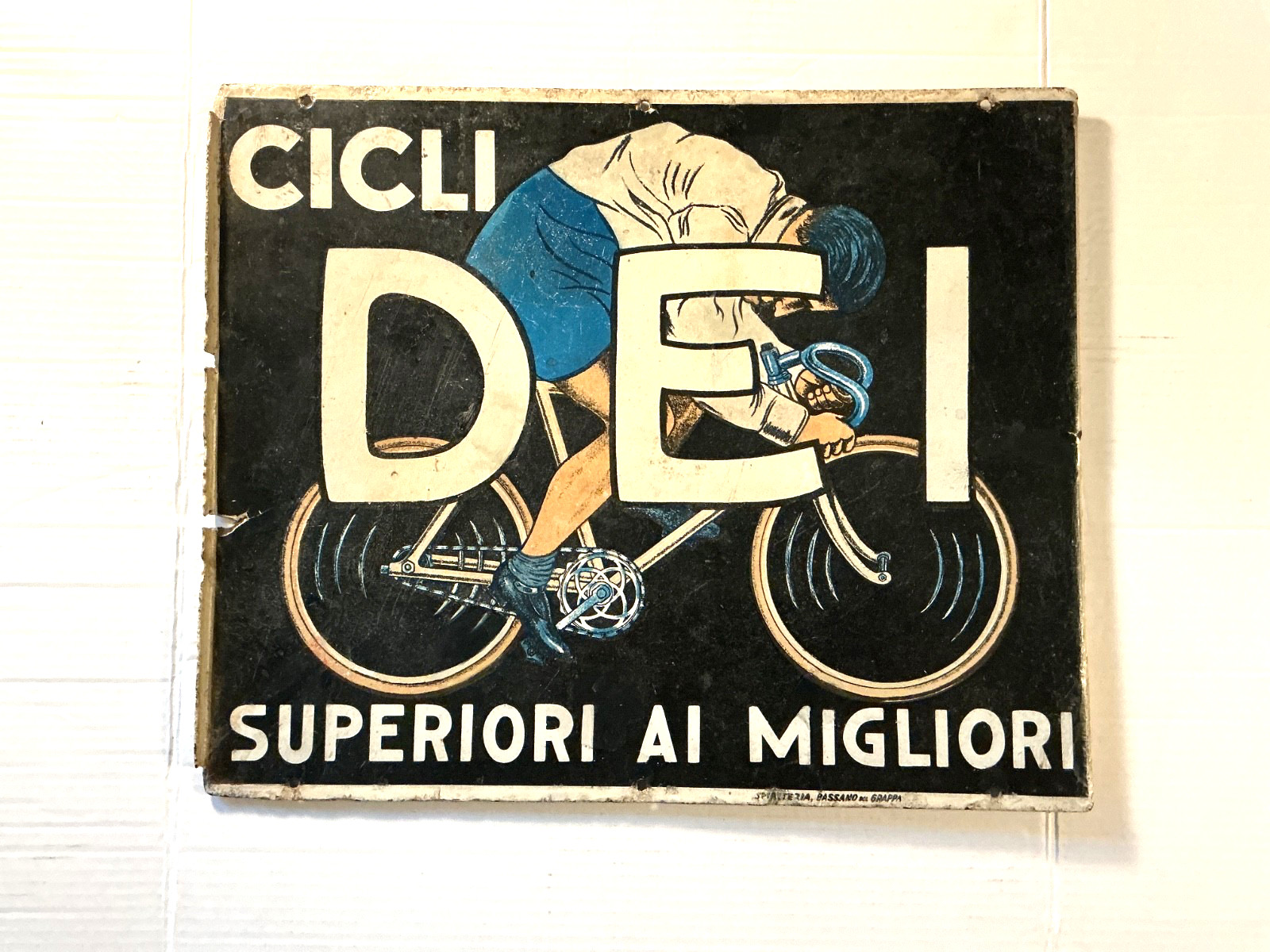 ANTIQUE 1920’s  2 SIDED PORCELAIN ITALIAN BICYCLE ADVERTISING SIGN-LOOK & READ