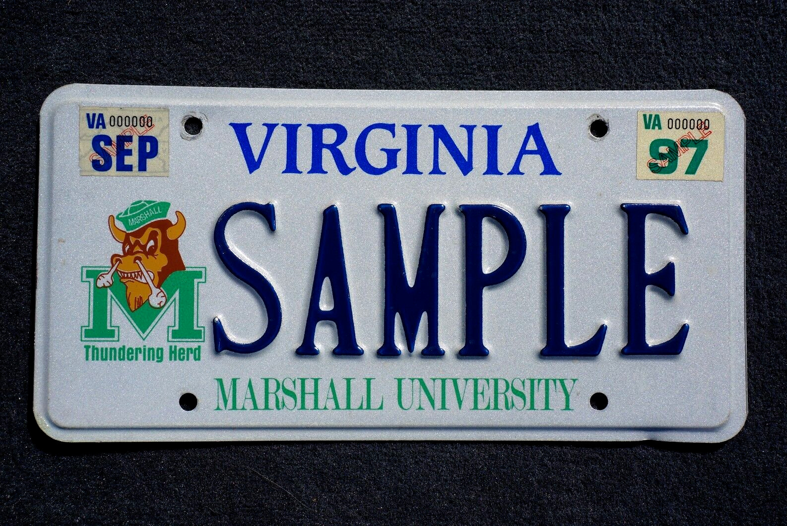 1997 VIRGINIA Sample License Plate - MARSHALL UNIVERSITY - THUNDERING HERD