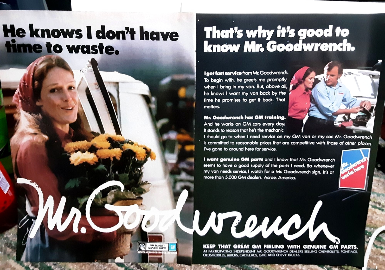 1981 GM Mr Goodwrench Woman with Mechanic 2 Page Car Original Print Ad