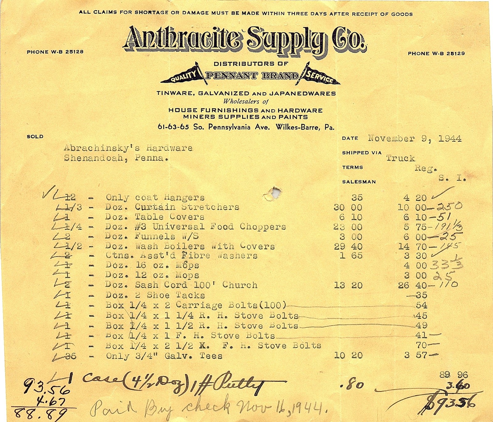 1944 Anthracite Supply Co. Wilkes-Barre PA Hardware Billhead
