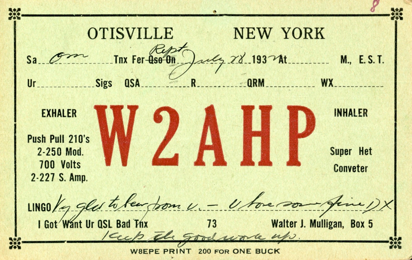 Vintage Amateur Radio QSL Postcard, 1932, W2AHP, Otisville, NY, Scott #632