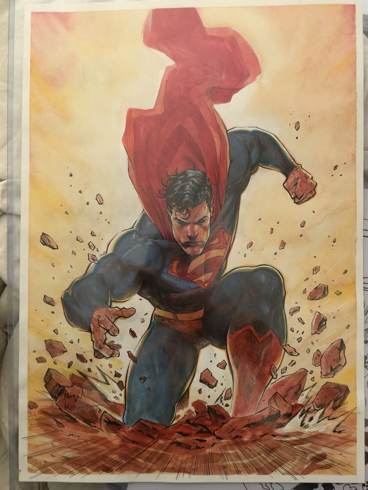 Miguel Mendonca Signed Superman Illustration Painted Original Art size A3