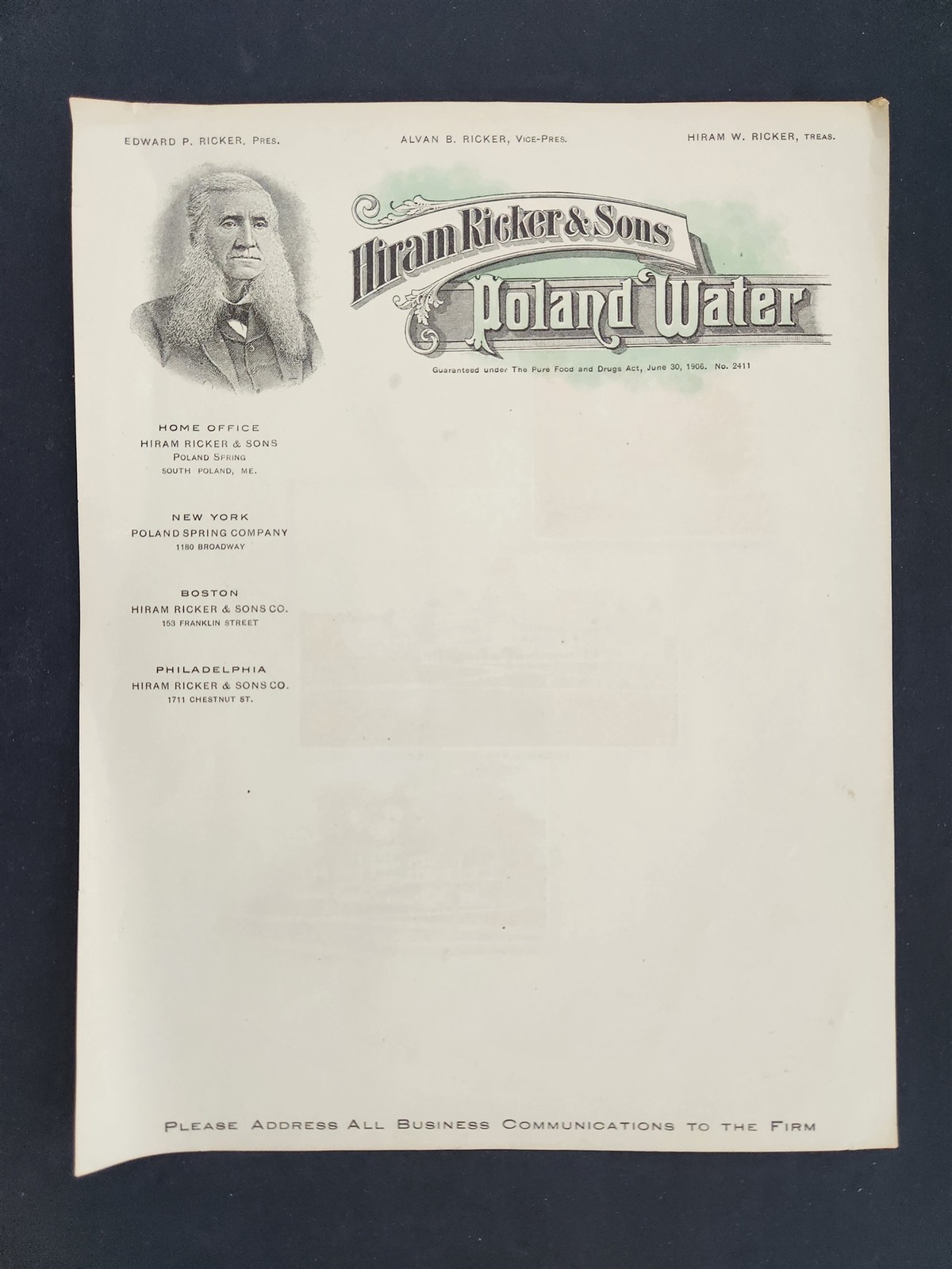 antique POLAND WATER LETTERHEAD unused HIRAM RICKER & SONS double side