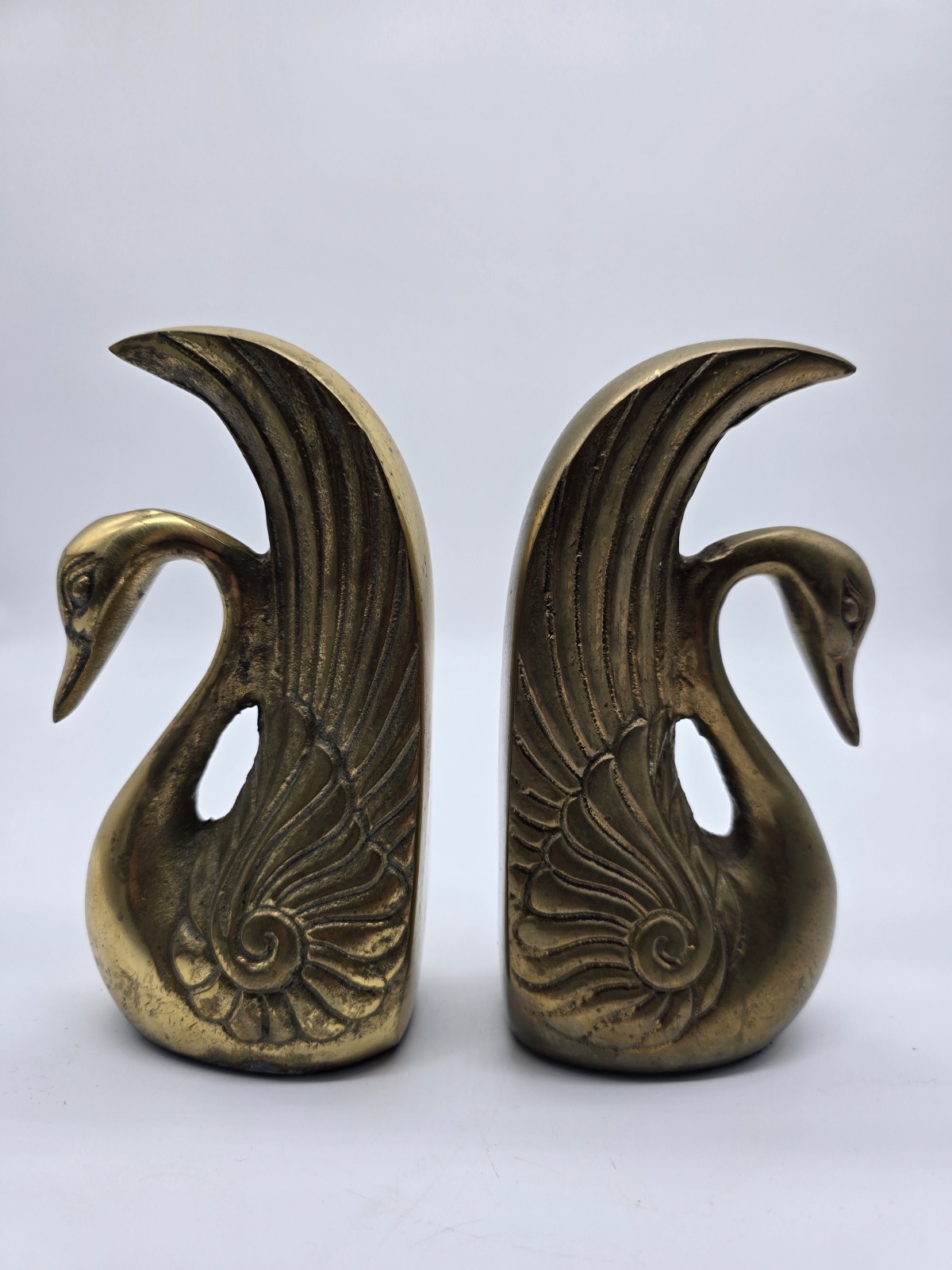 Vintage Solid Brass Swan Bookends Mid Century Hollywood Regency Art Deco Korea 
