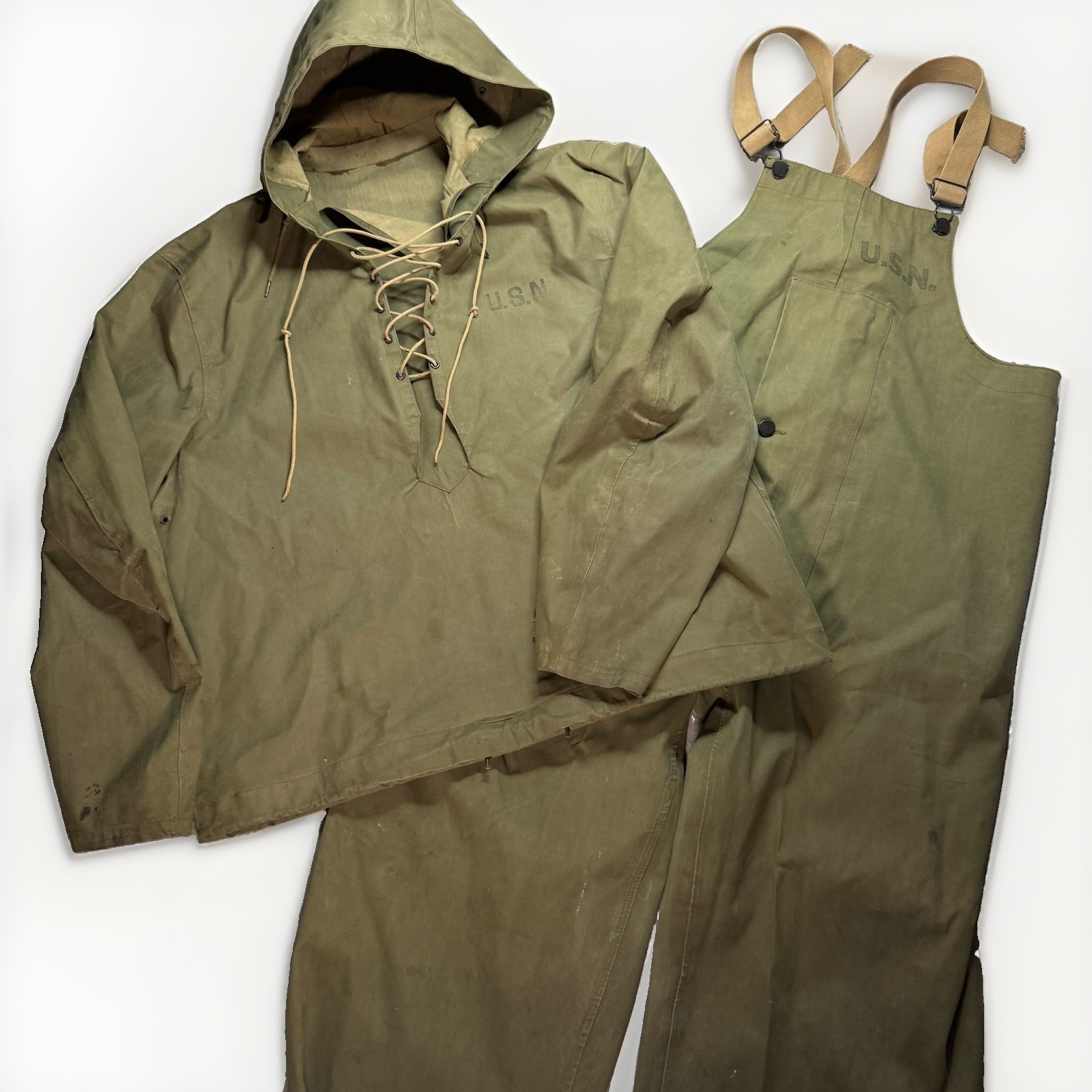 VTG 1944 WW2 Navy USN Anorak Rain Deck Jacket/Bibs SMALL Foul Weather Parka Hood