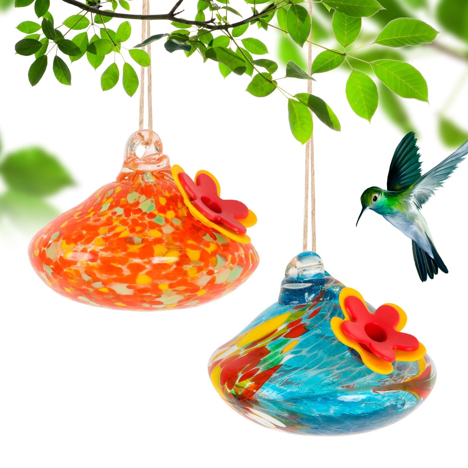 2 Pcs Blown Glass Hummingbird Feeder for Outdoors Hanging, Ant & Bee Resistan...