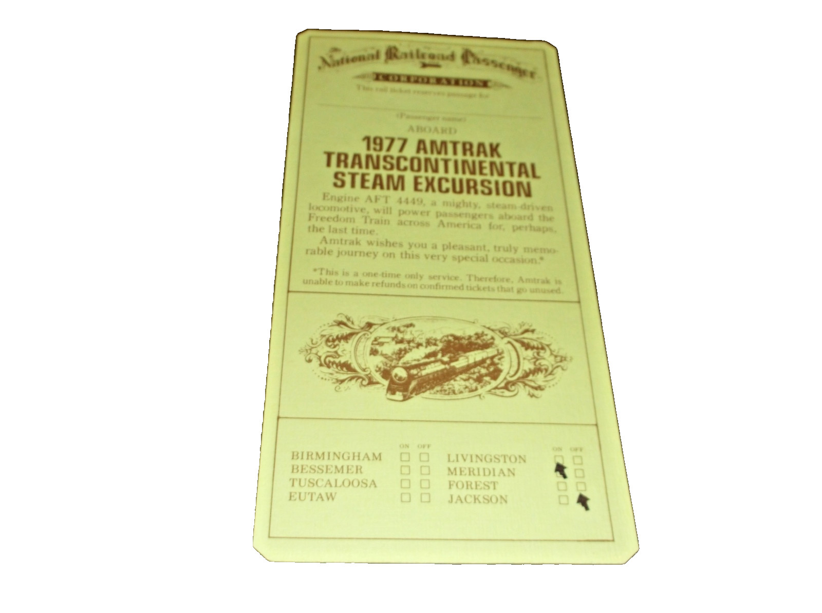 1977 AMTRAK AFT 4449 TRANSCONTINENTAL STEAM EXCURSION SOUVENIR TICKET 