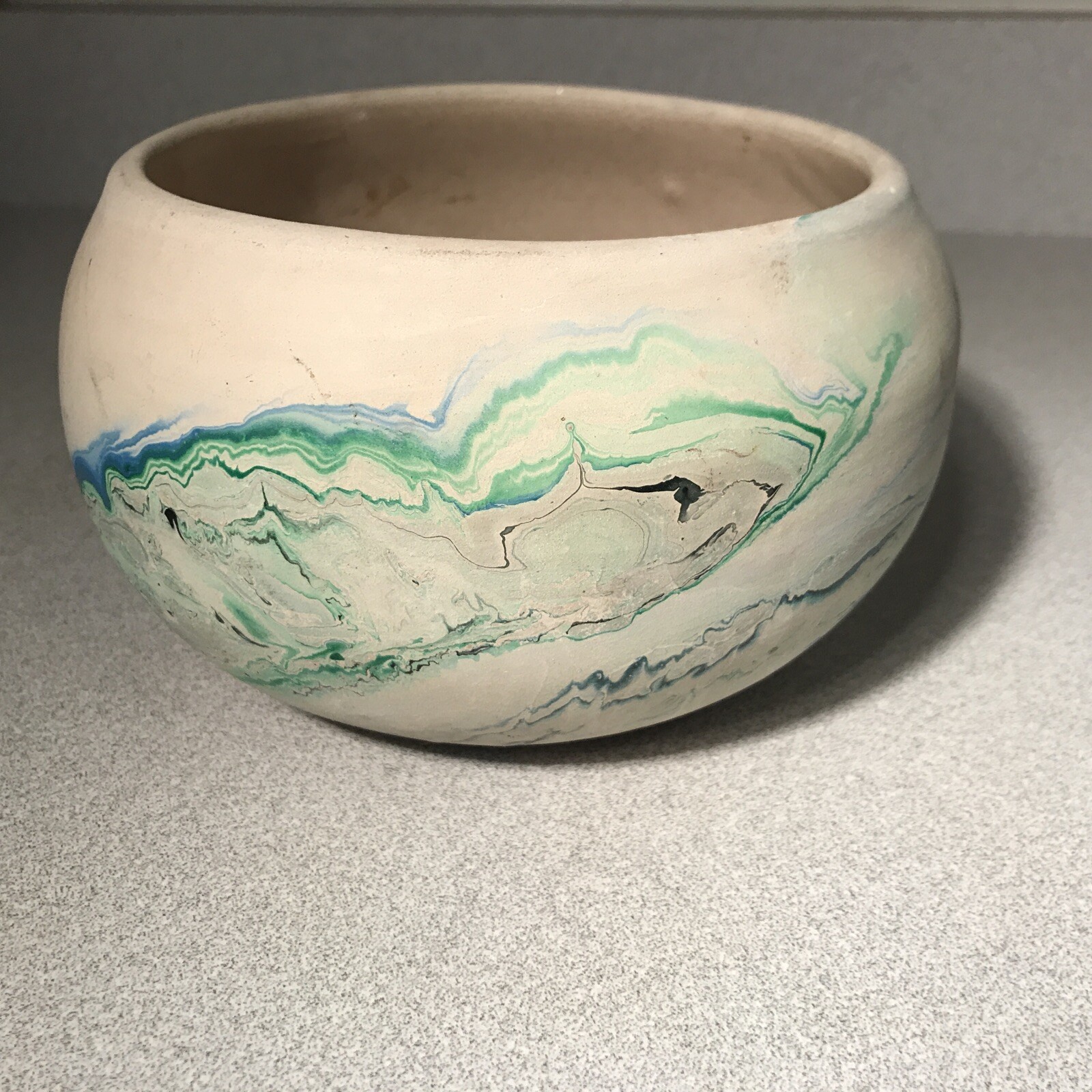 Nemadji Pottery Vase Bowl Native Green Blue Swirl 8” Diameter
