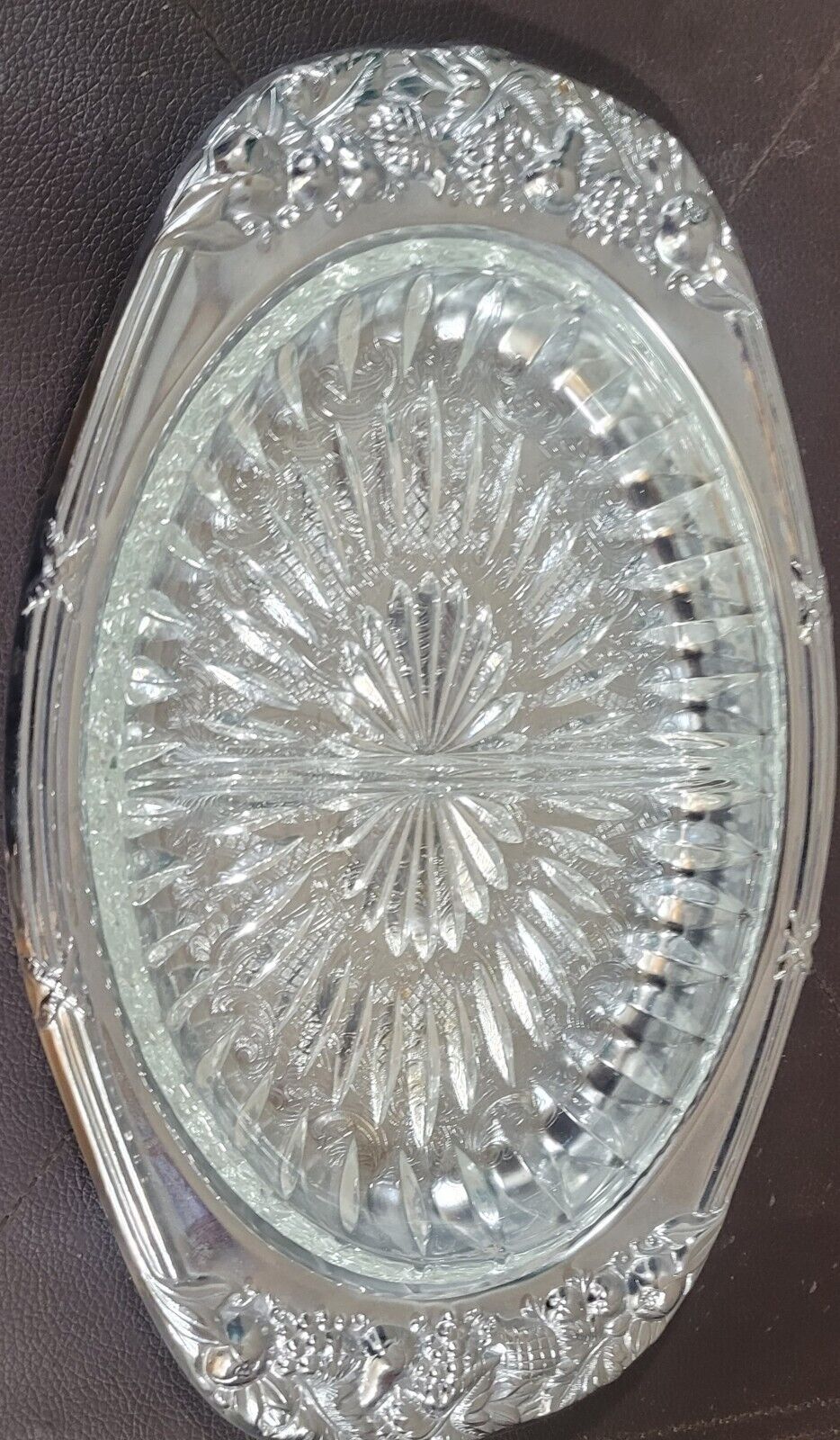 Vtg. Shelton-Ware Silver  Tray With Glass  Divided Insert 12 3/4” X 8 1/8” Oval