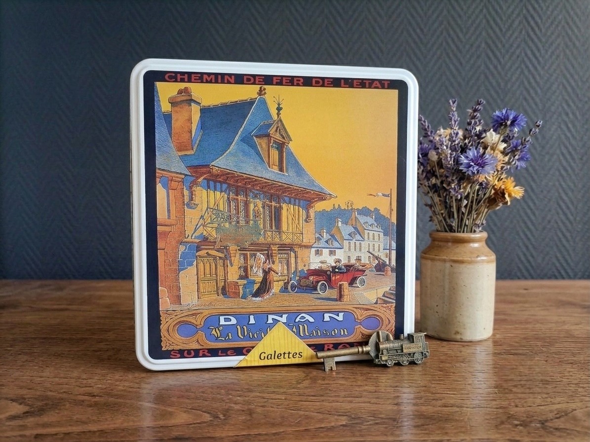 Vintage metal box DINAN, Brittany - retro tourist poster - chic storage