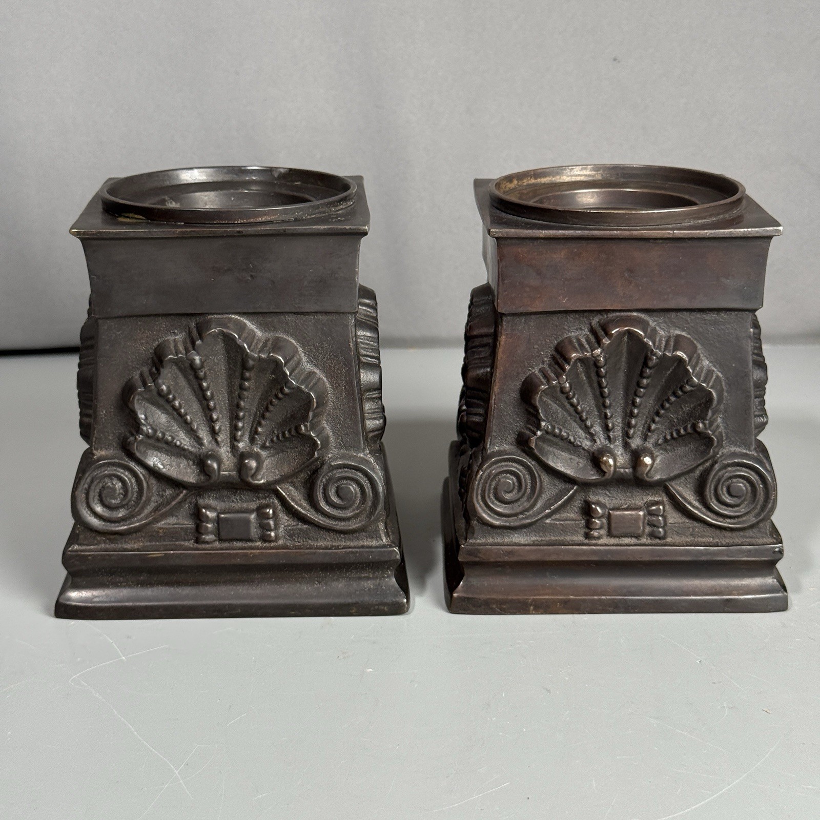 Antique Cast Bronze Pedestal Candle Holders Pair Neoclassical Shell Scroll